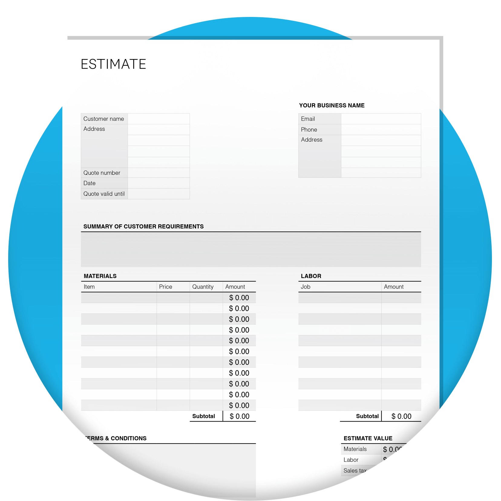 Construction estimate template with blank fields for users to fill out.