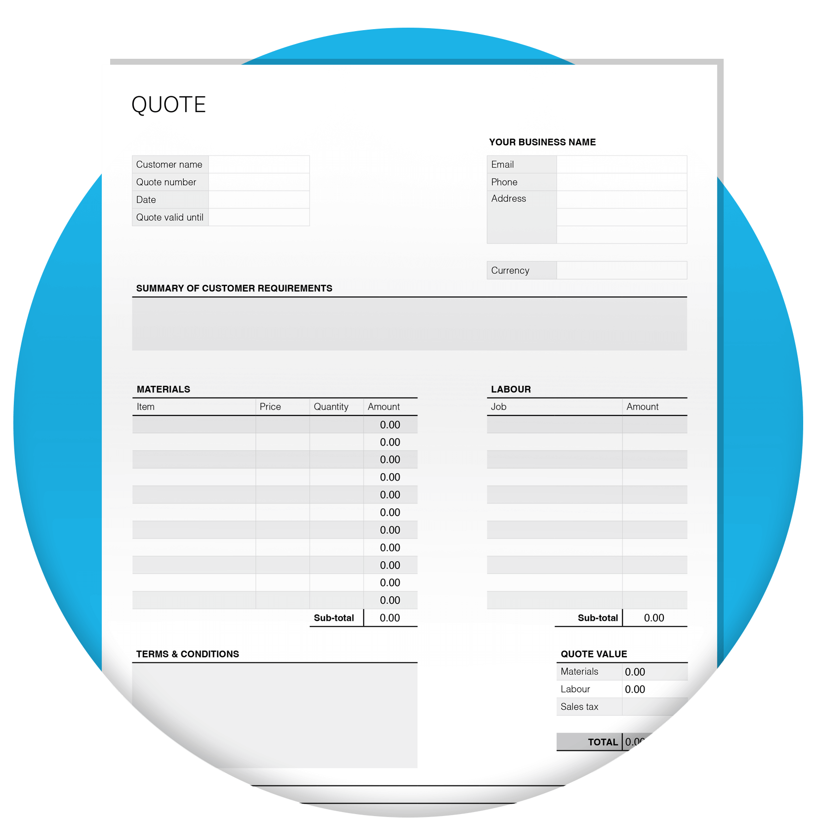 Construction quote template with blank fields for users to fill out.