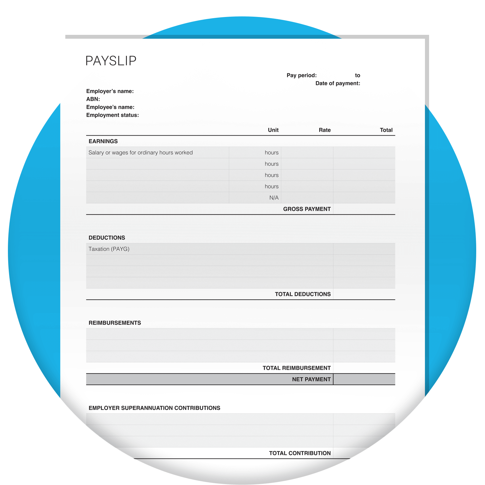 Payslip template with blank fields for users to fill out.