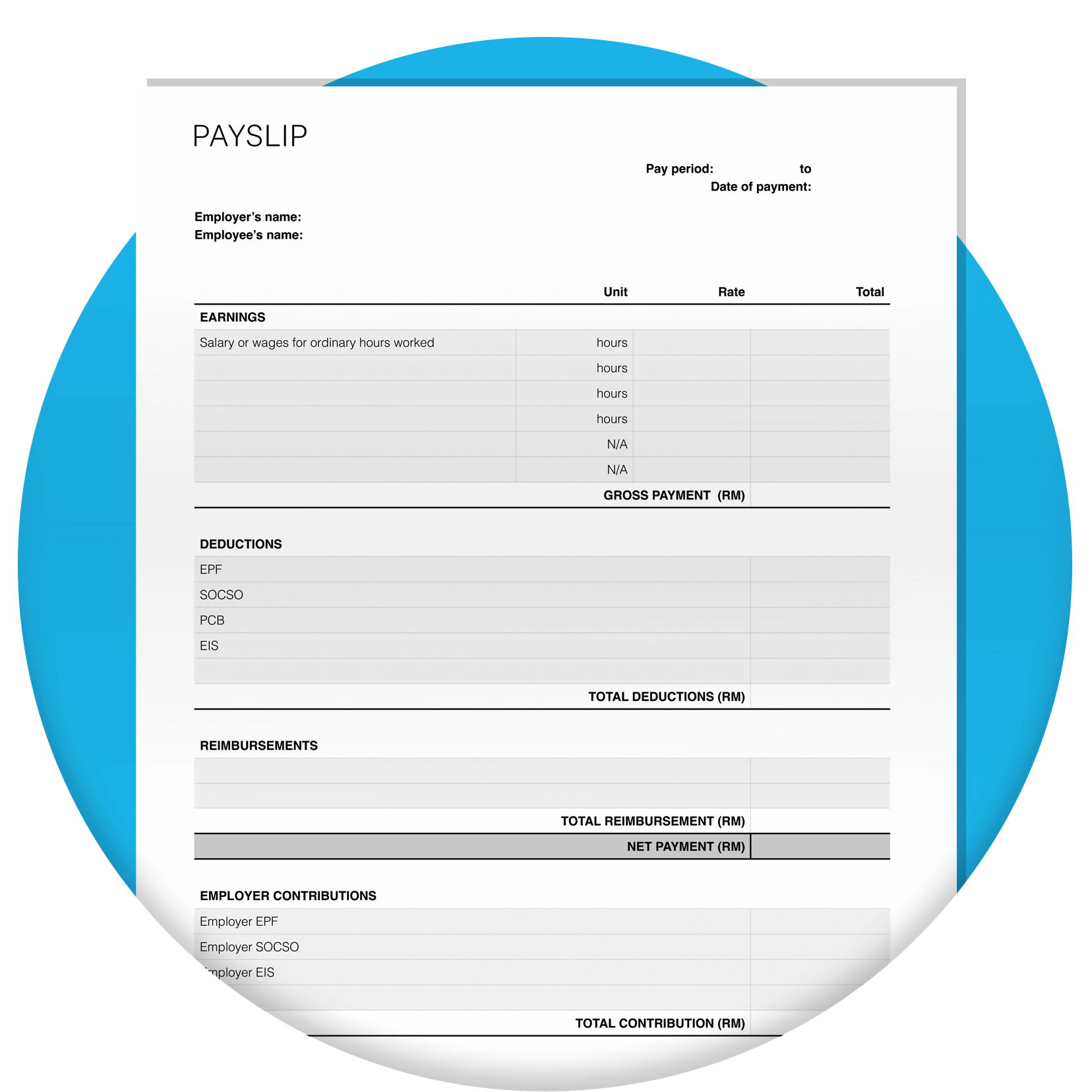 Payslip template with blank fields for users to fill out.