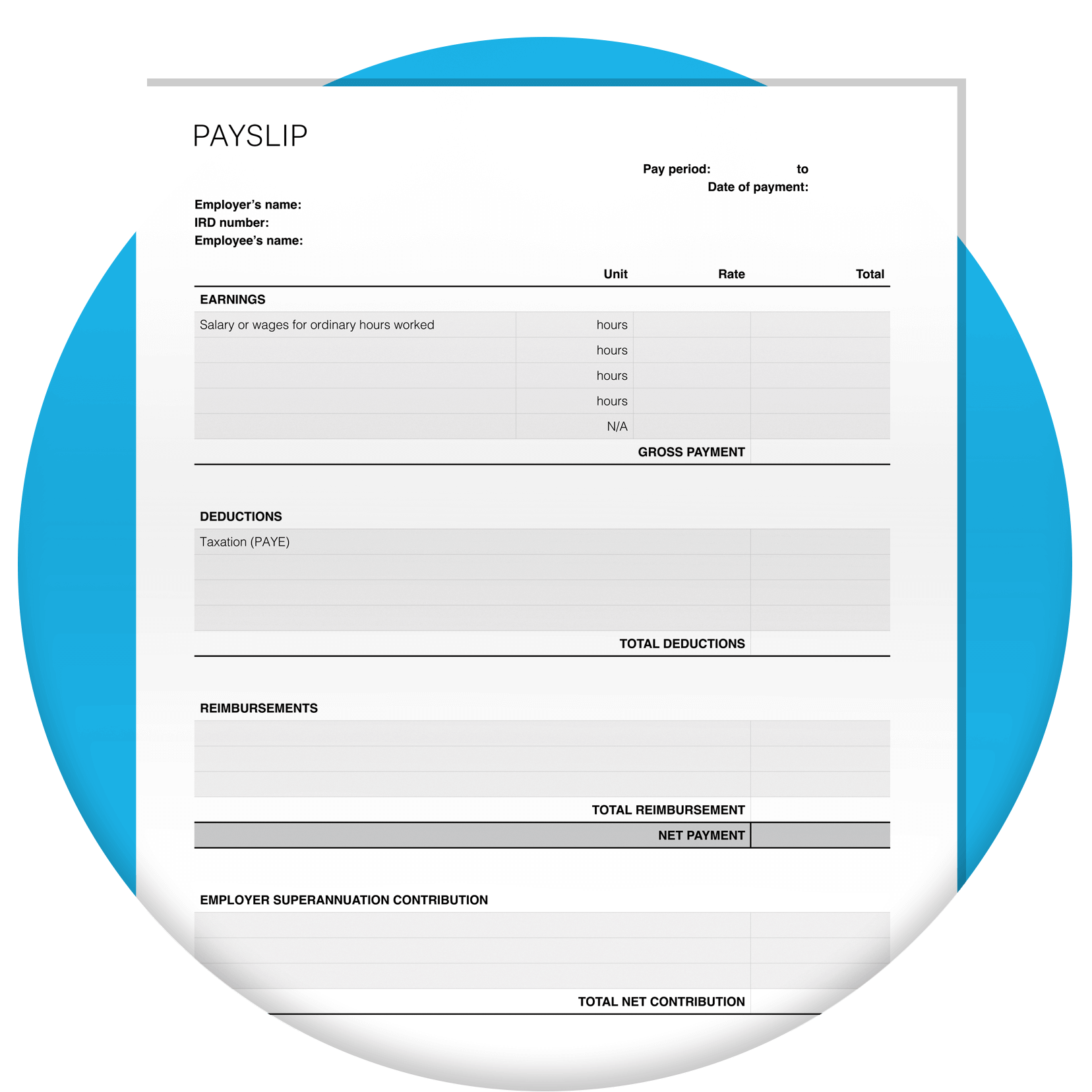 Payslip template with blank fields for users to fill out.