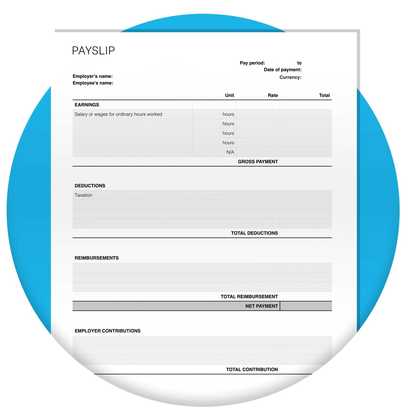 Payslip template with blank fields for users to fill out.