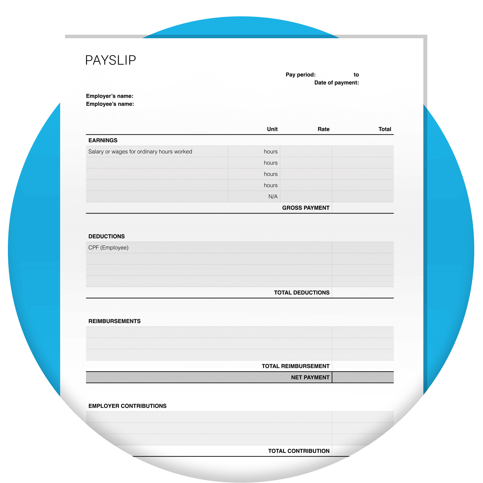 Payslip template with blank fields for users to fill out.