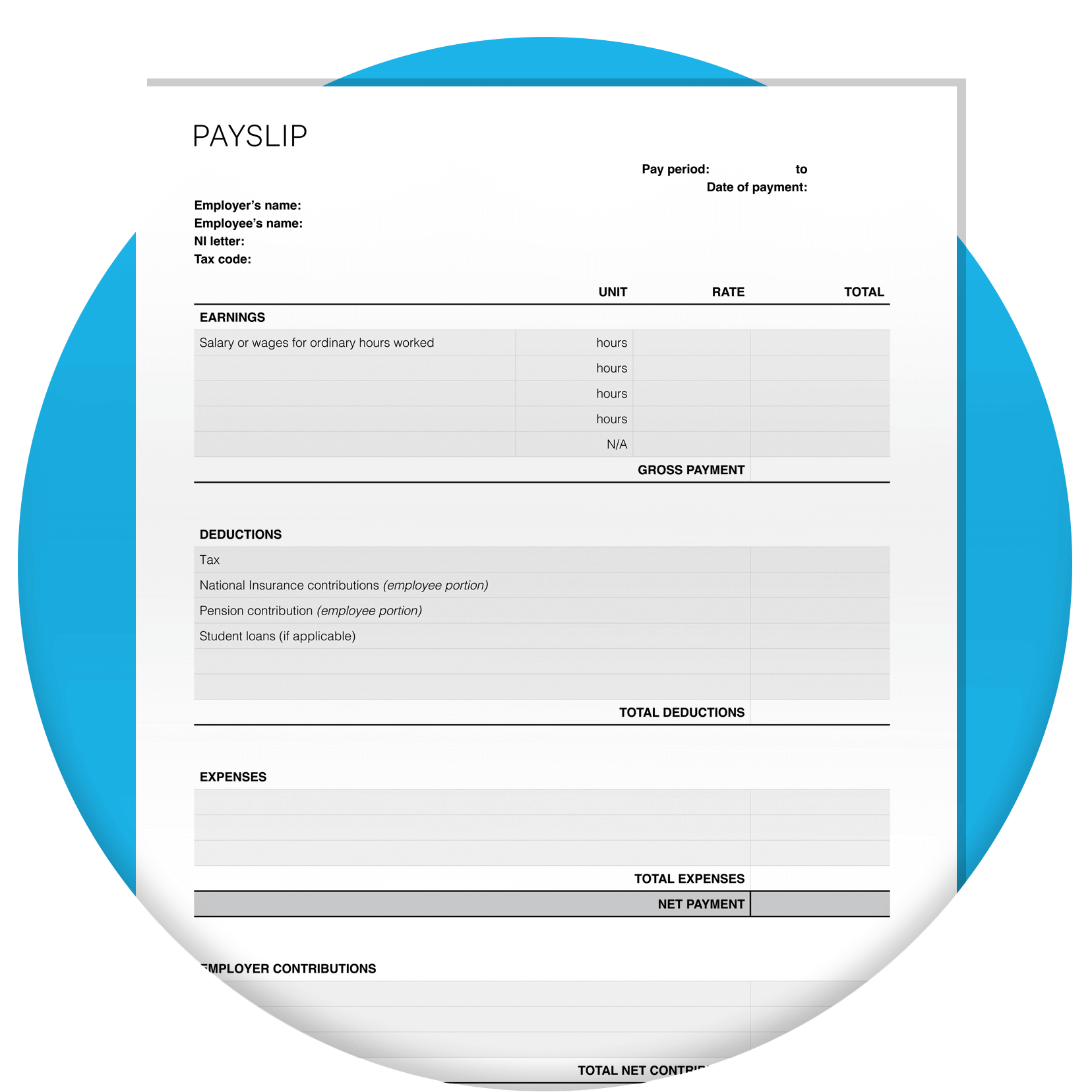 Payslip template with blank fields for users to fill out.