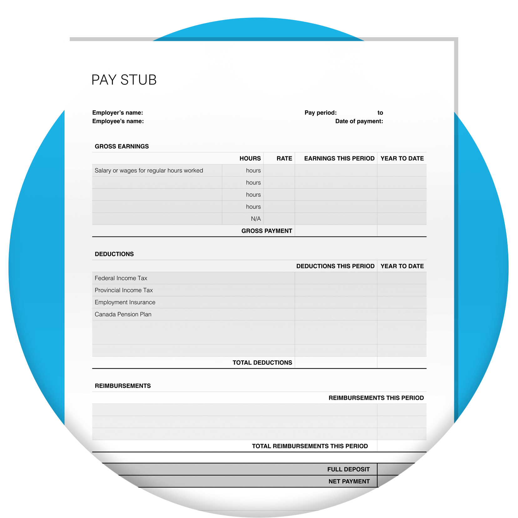 Pay stub template with blank fields for users to fill out