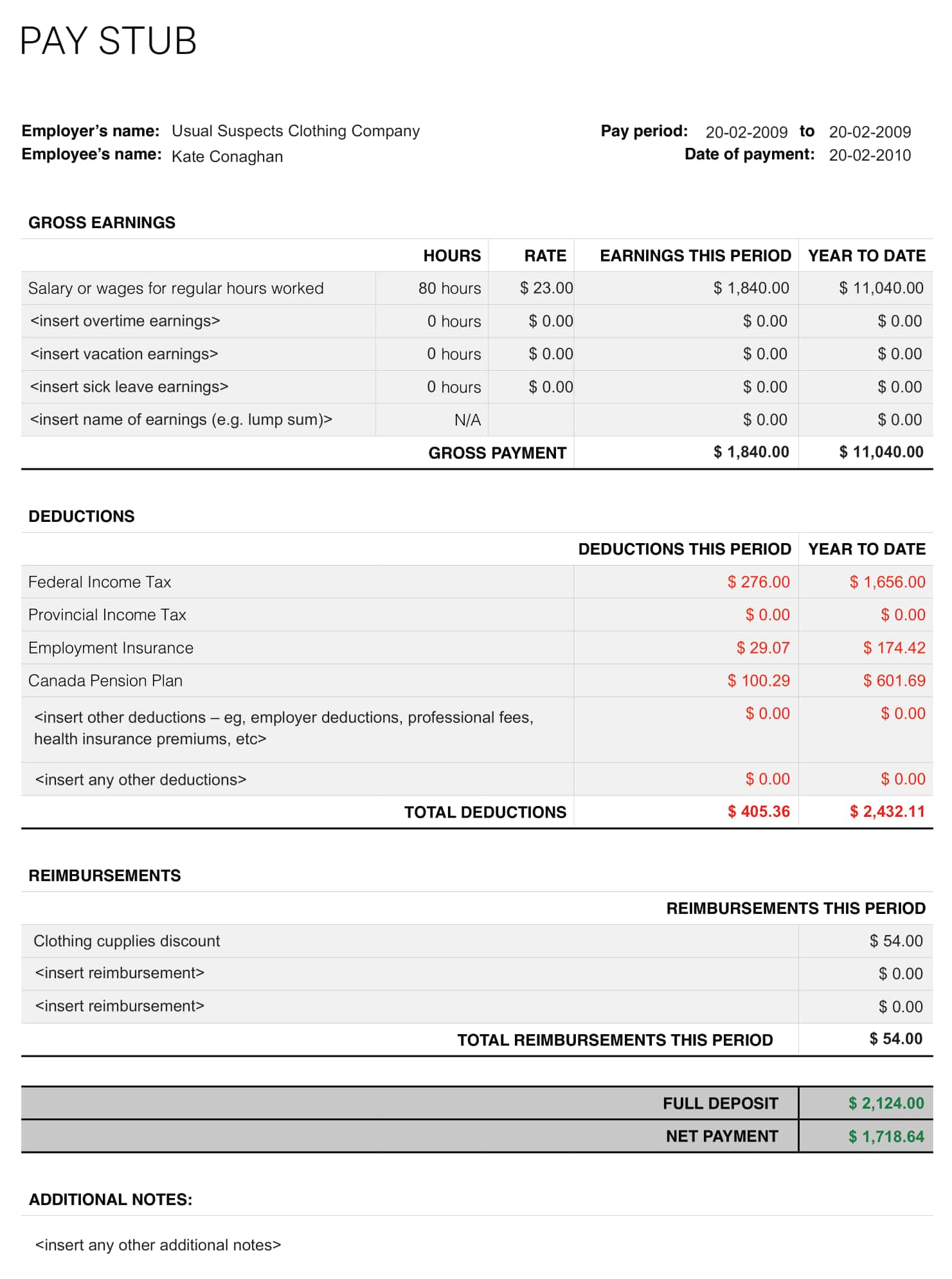 Example of Xero’s paycheck stub generator shows details of an employee’s gross wages, taxes, deductions, and take-home wages.