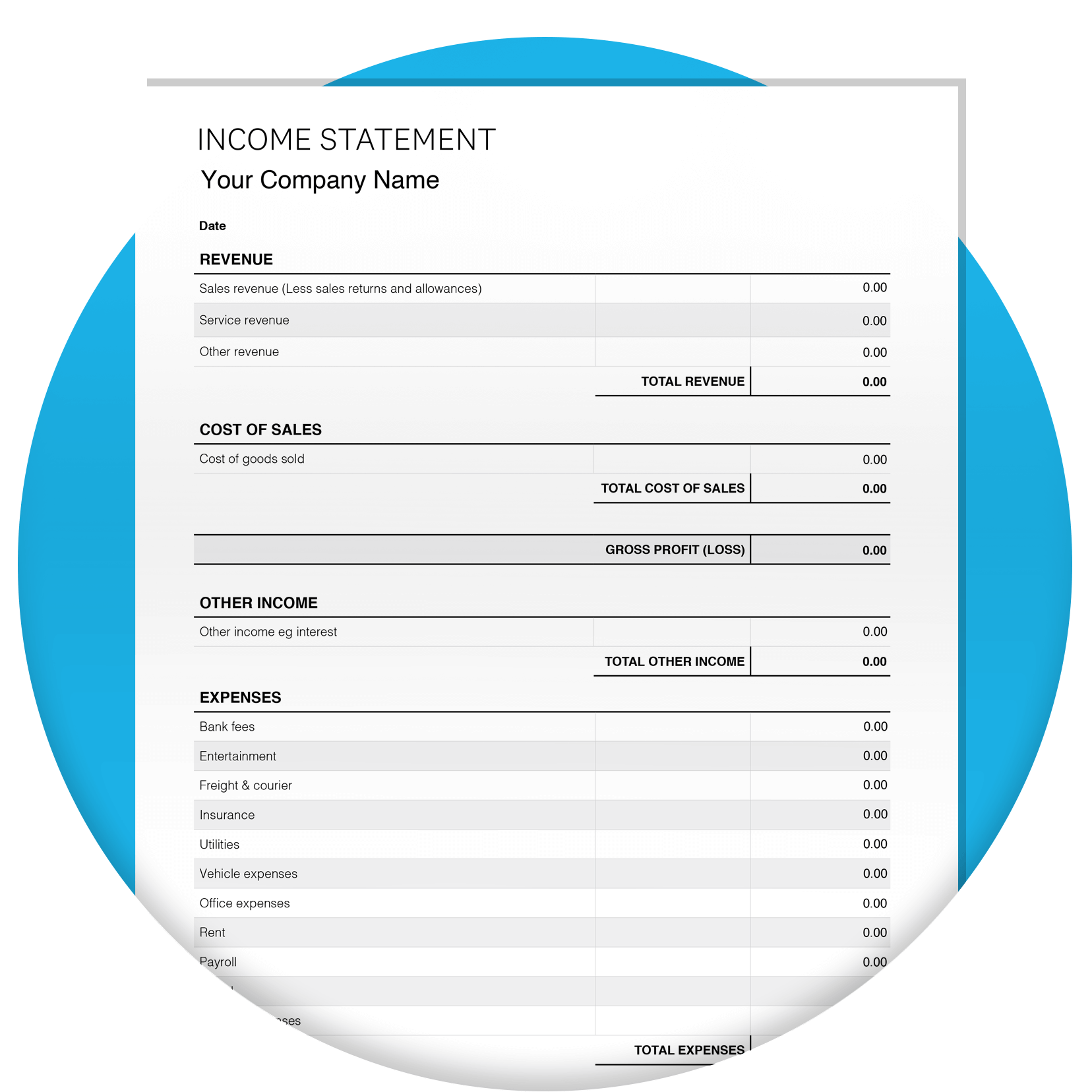 Income statement template with blank fields for users to fill out.