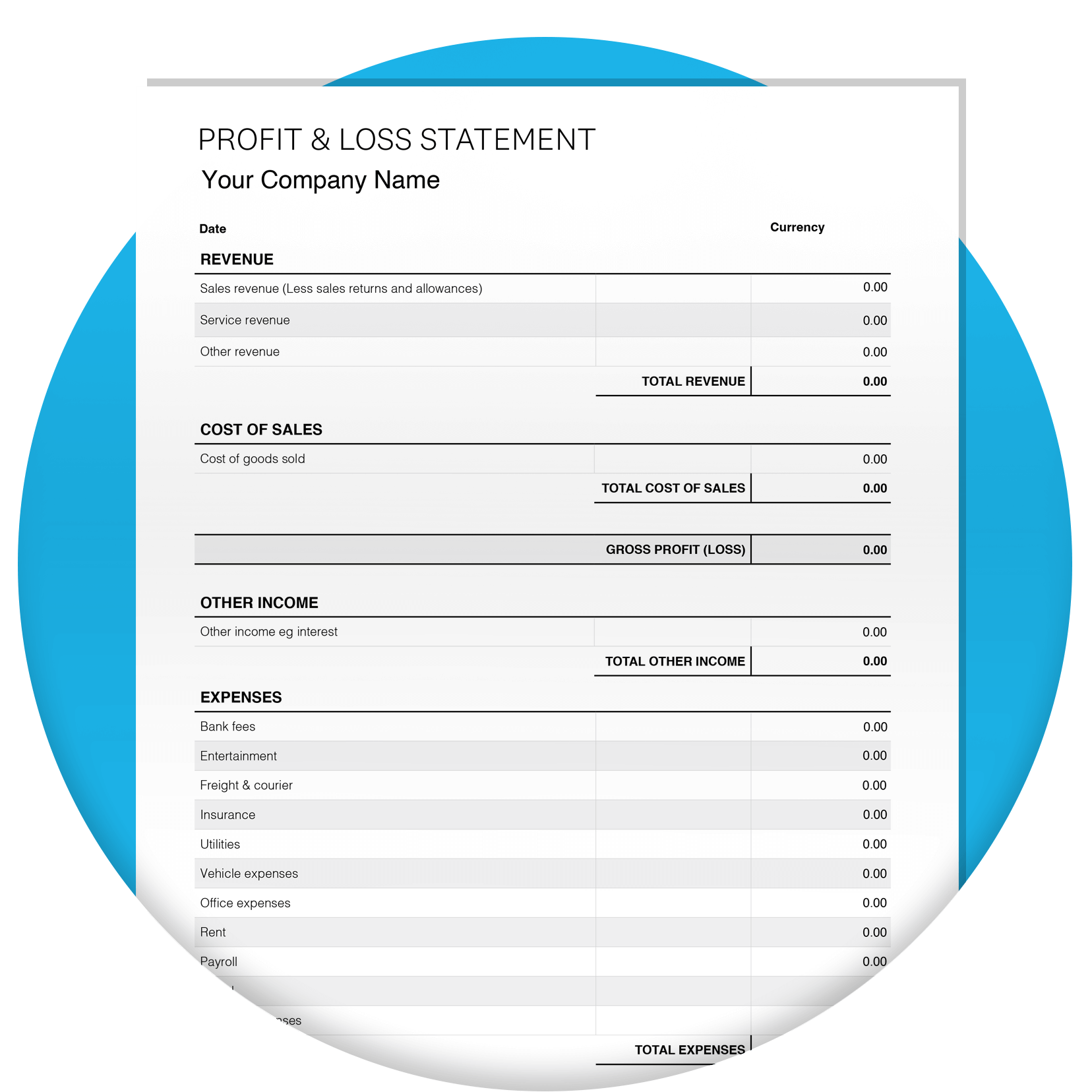 Profit and loss template with blank fields for users to fill out.