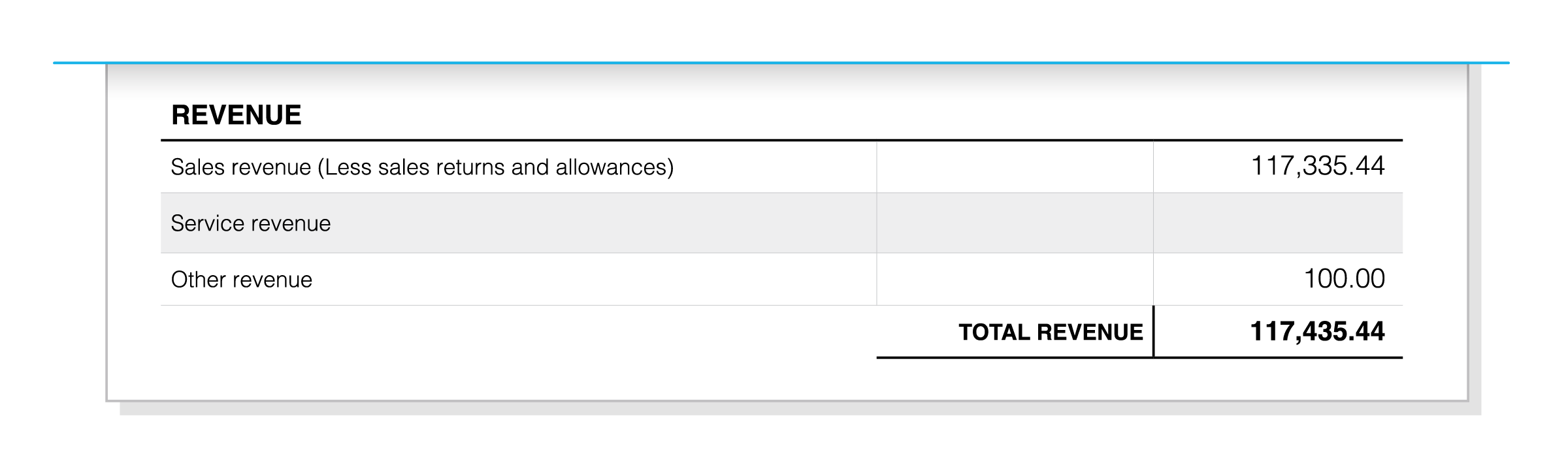 Rows for revenue from sales, revenue from services, revenue from other sources, and total revenue.