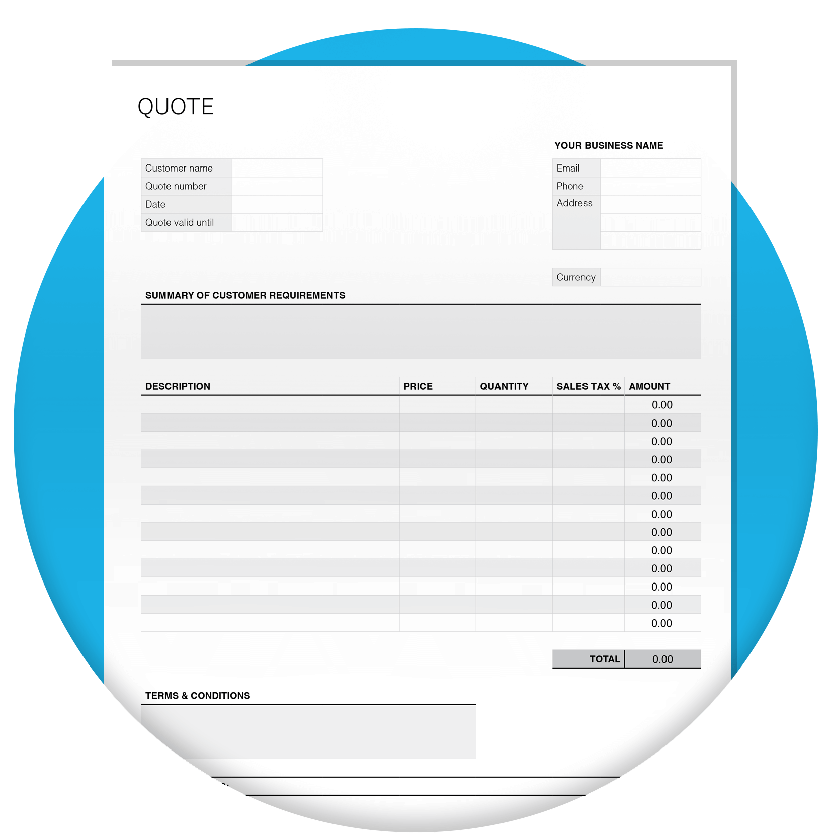 Quote template with blank fields for users to fill out.