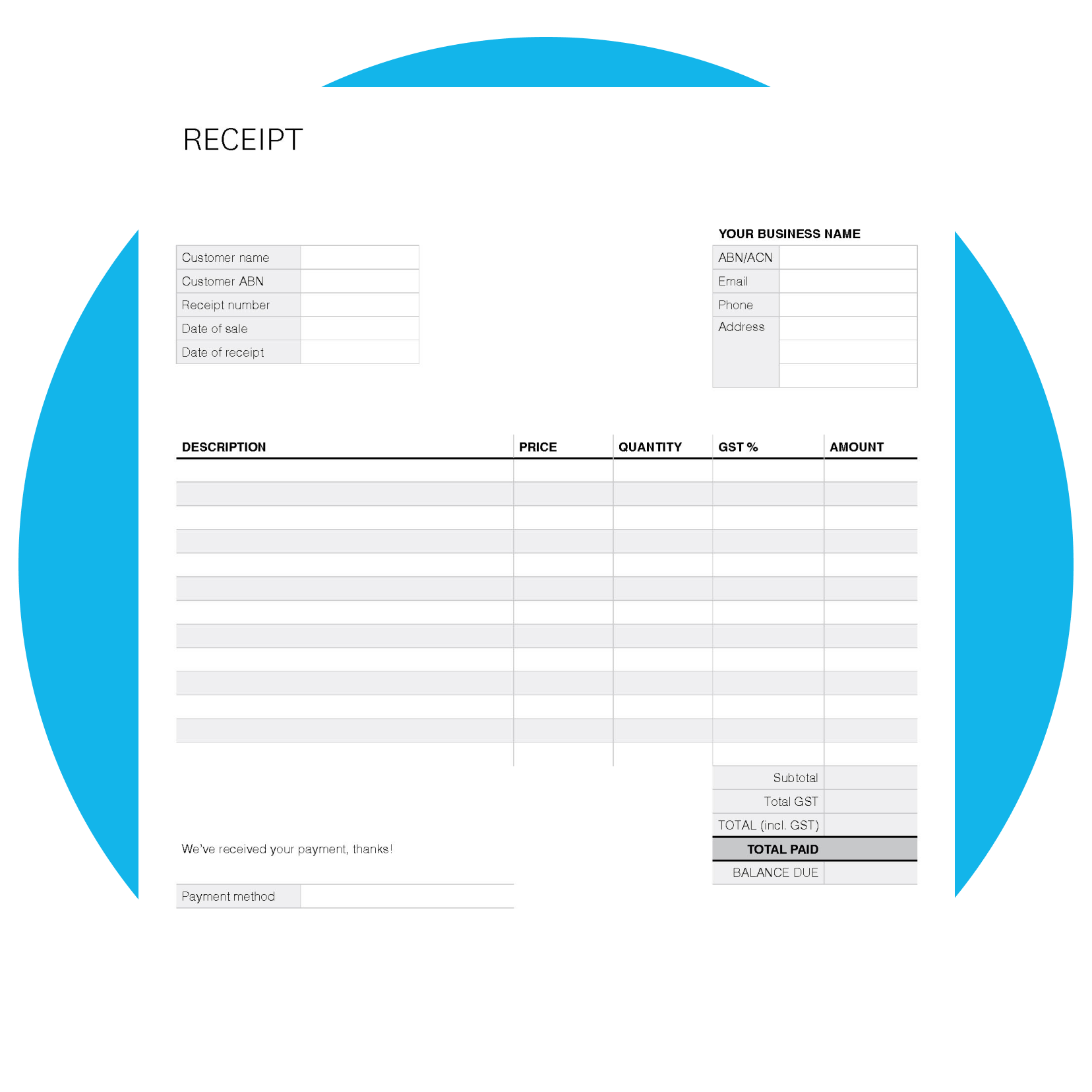 Receipt template with blank fields for users to fill out.