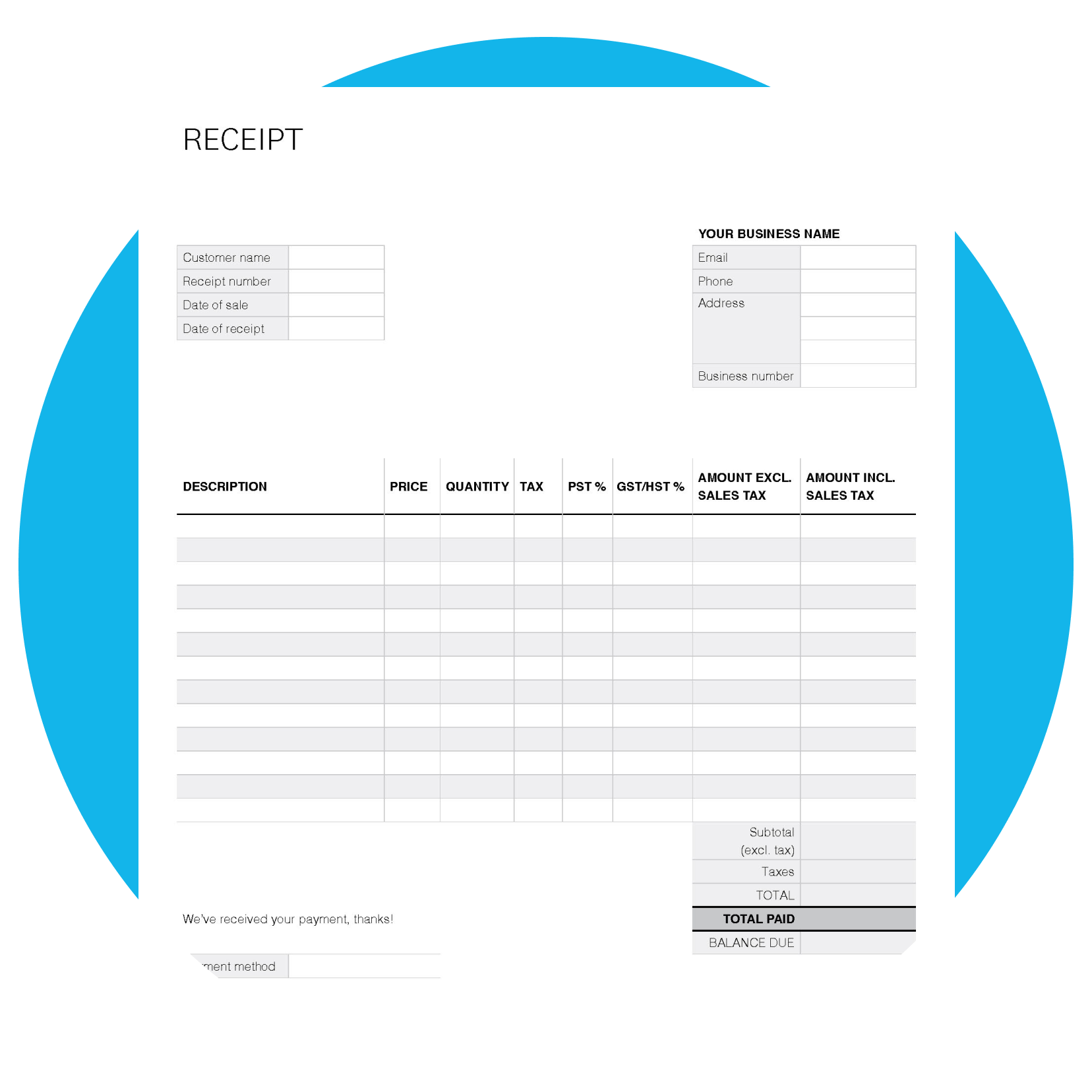 Receipt template with blank fields for users to fill out.