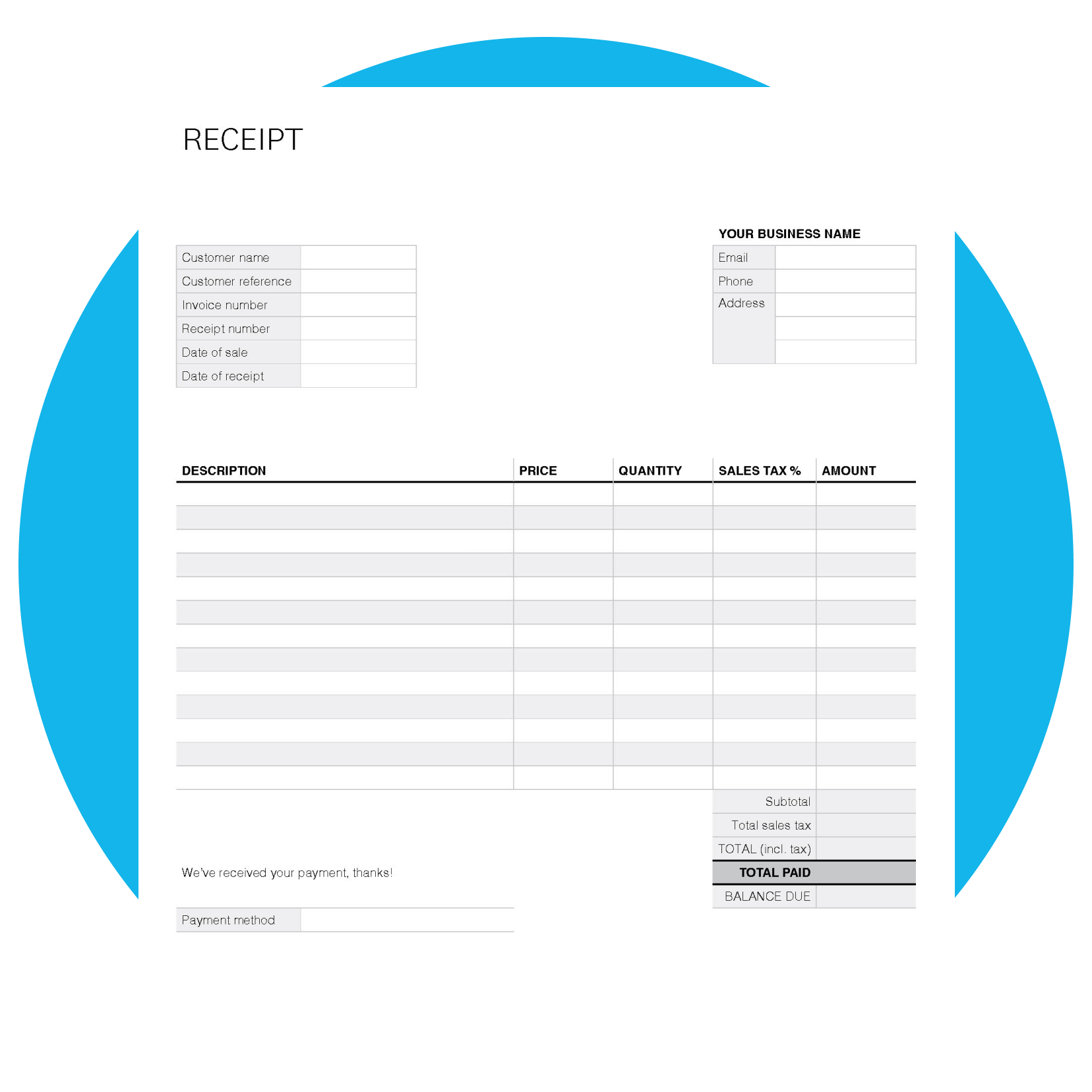 Receipt template with blank fields for users to fill out.