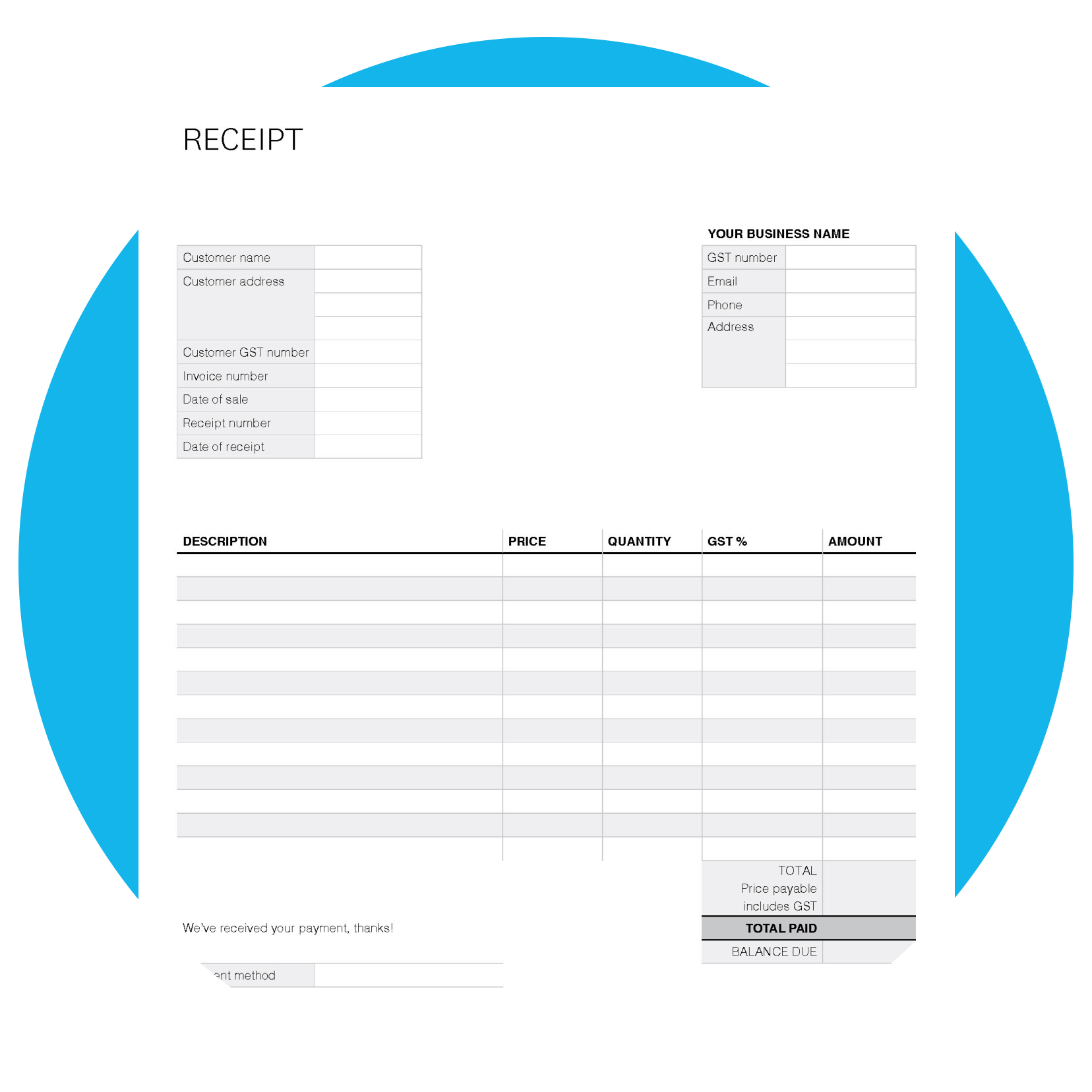 Receipt template with blank fields for users to fill out.