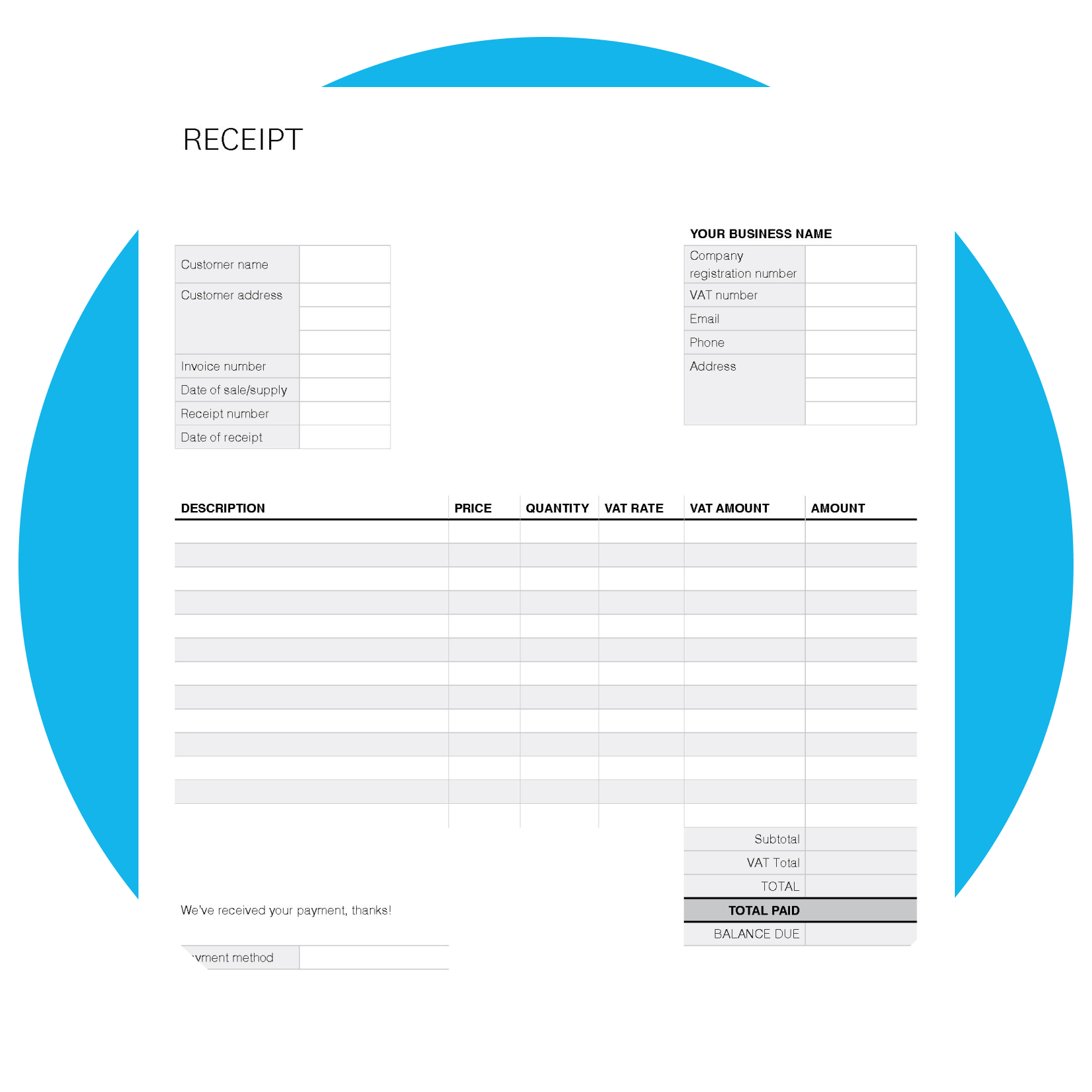 Receipt template with blank fields for users to fill out.