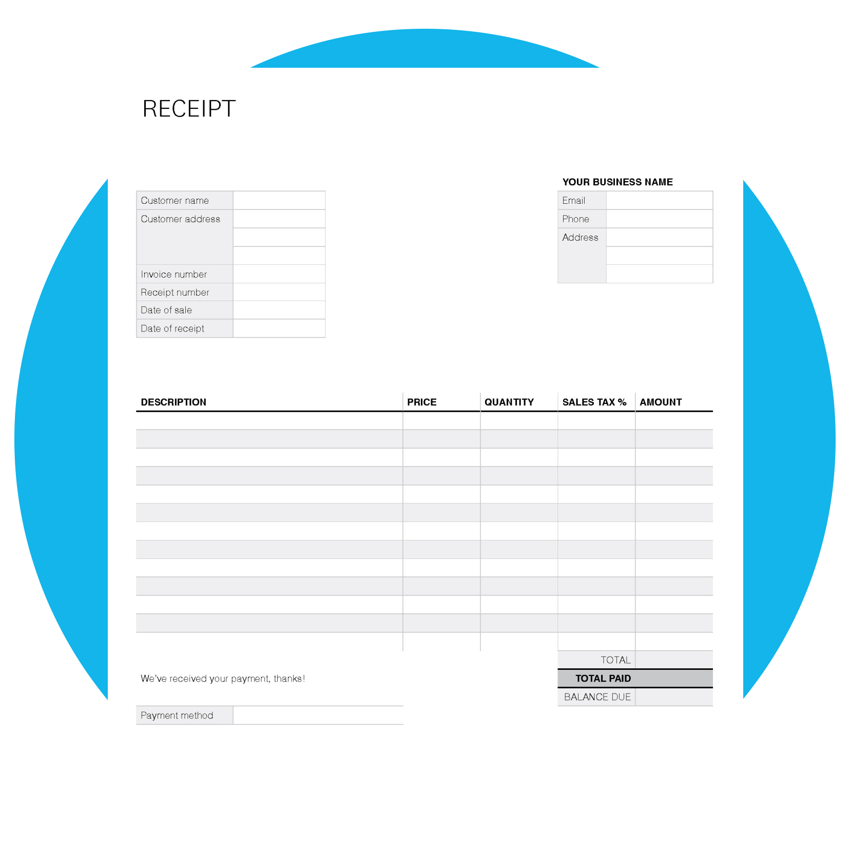 Receipt template with blank fields for users to fill out.