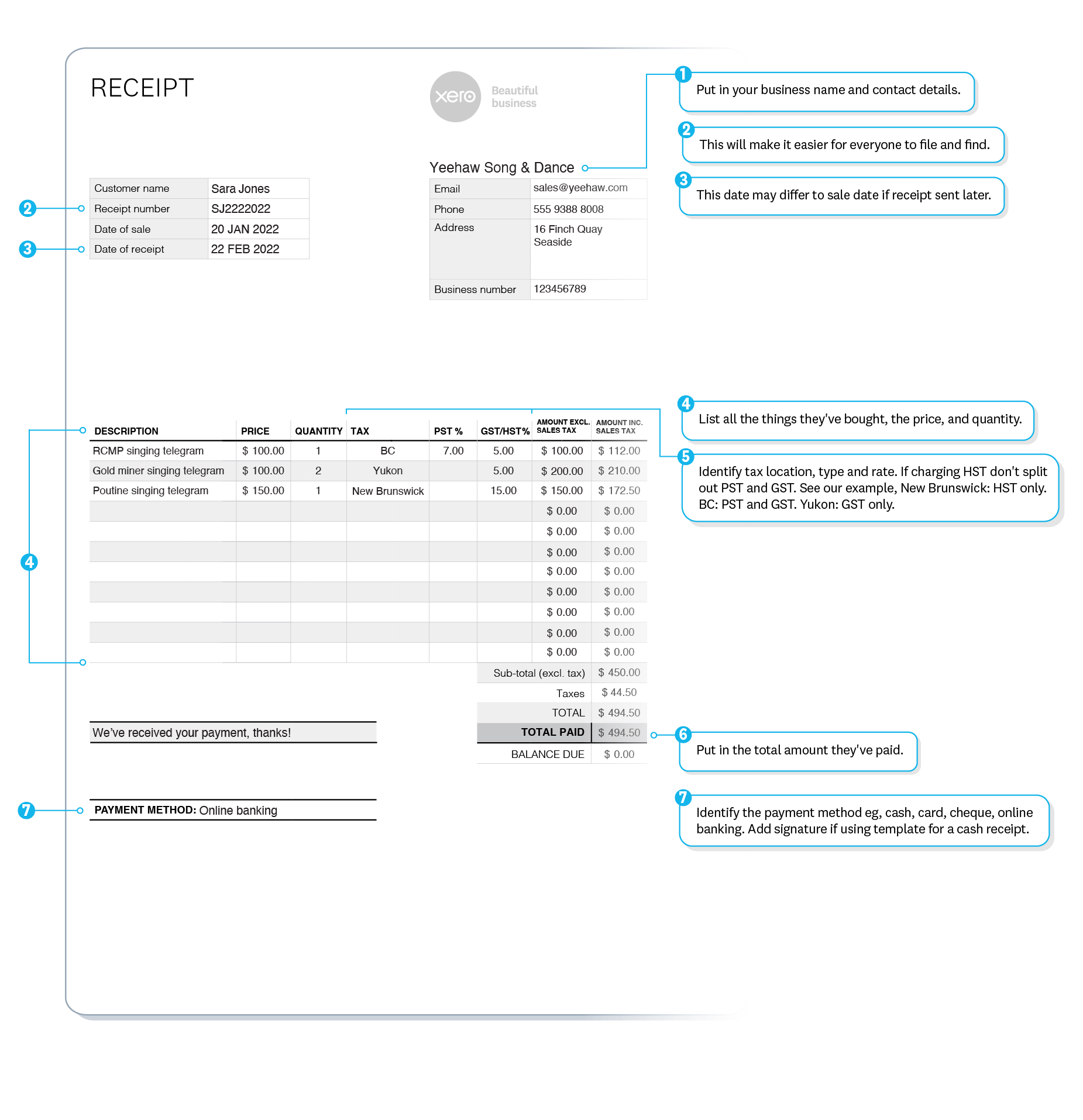 Receipt example shows supplier name, contact details, customer name, receipt number, details of purchase and payment date.