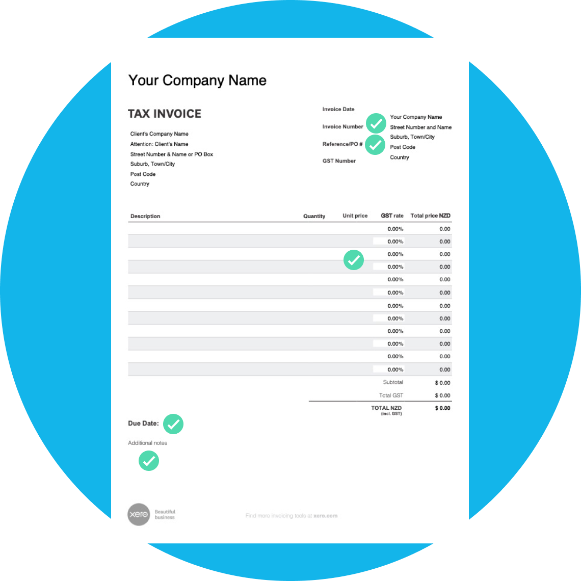 Invoice example with fields ticked