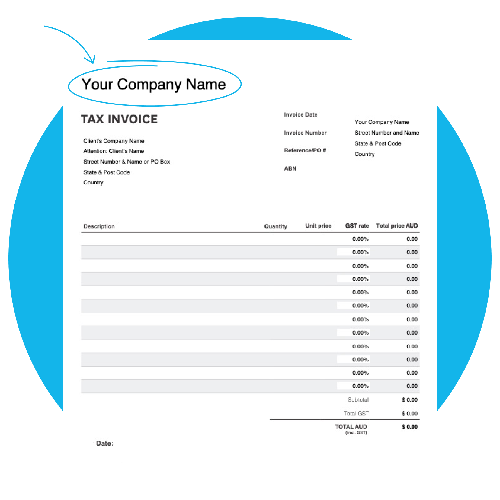 Invoice template with blank fields for users to fill out. 