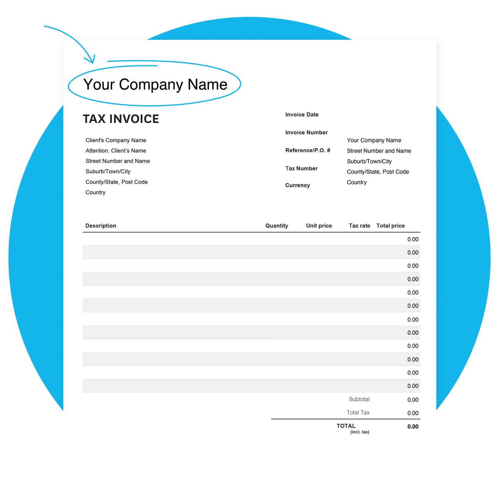 Invoice template with blank fields for users to fill out. 
