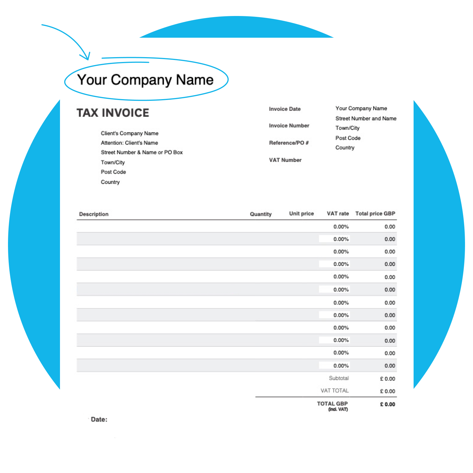 Invoice template with blank fields for users to fill out. 