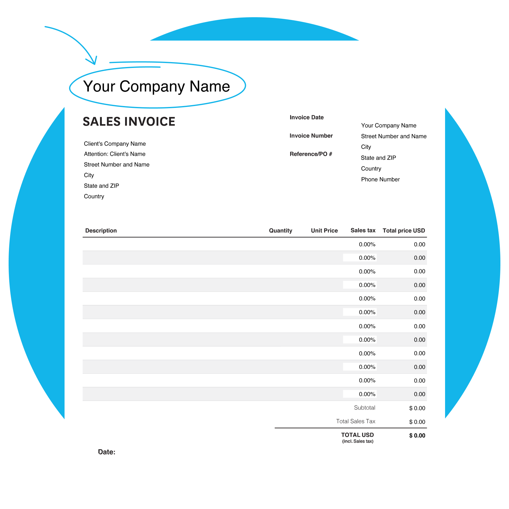 Invoice template with blank fields for users to fill out. 