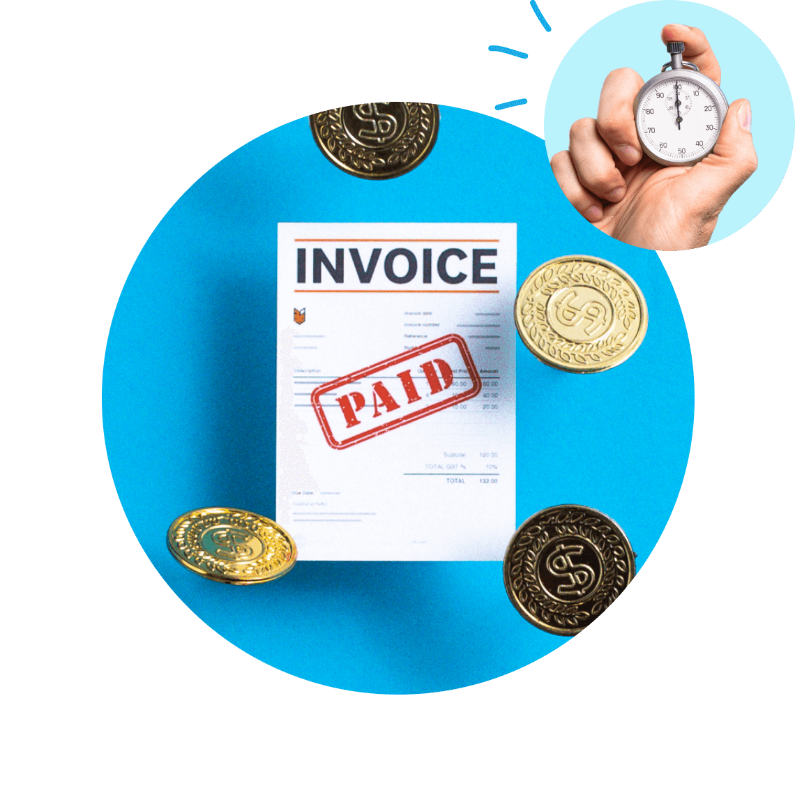 An invoice showing paid with coins around it and a hand with a stopwatch.