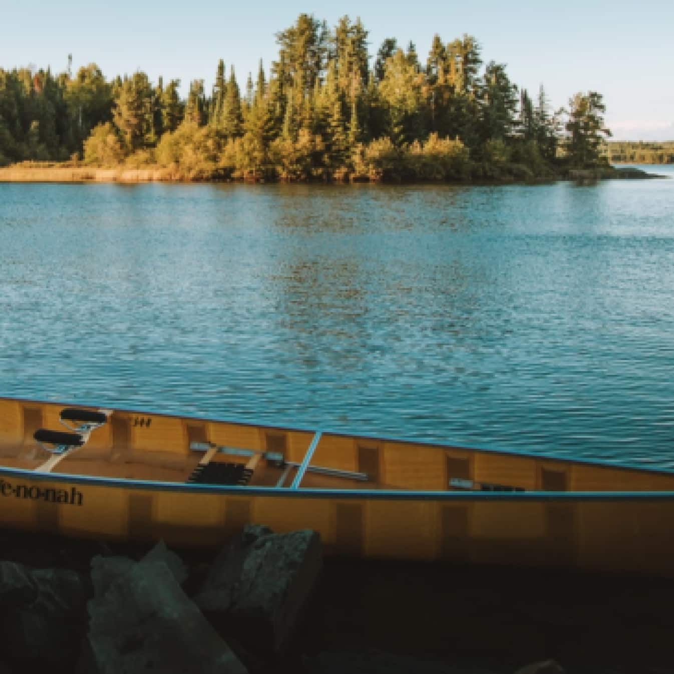 A canoe on the edge of a lake in the Midwest.