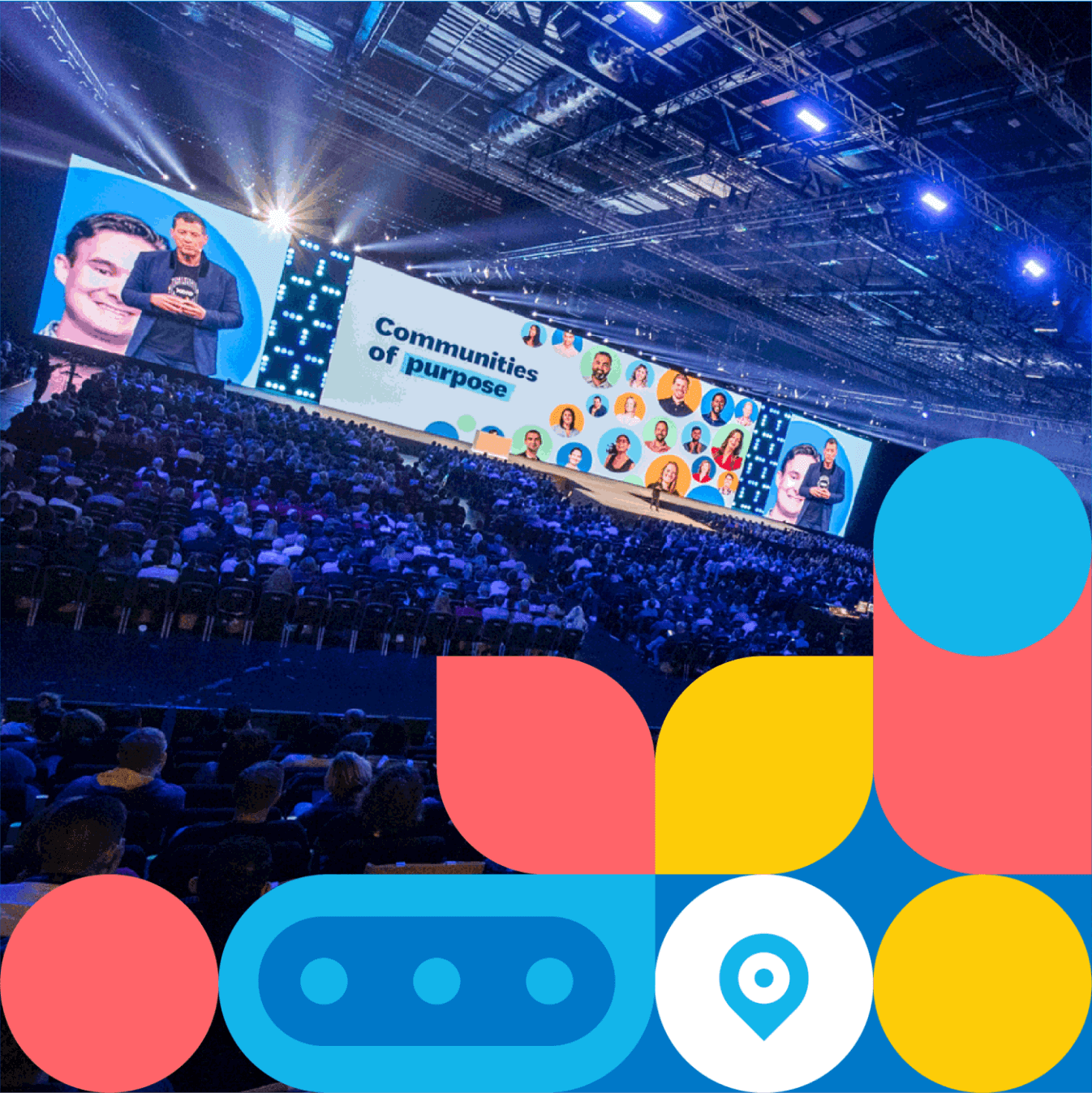A crowd of people watching a presentation inside an events centre.