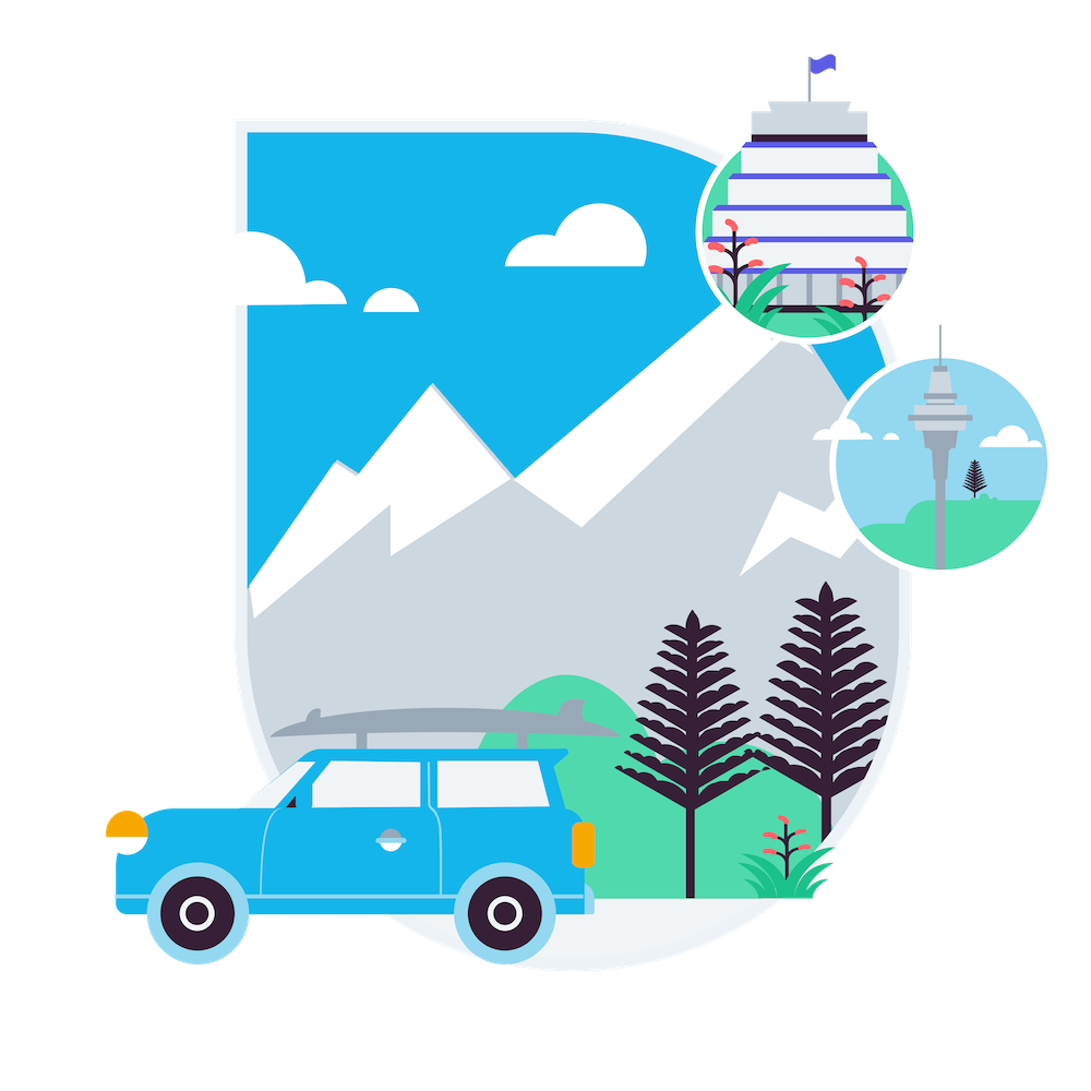 Vector illustration of a blue SUV with a surfboard in front of mountains, trees, Sky Tower and Beehive.