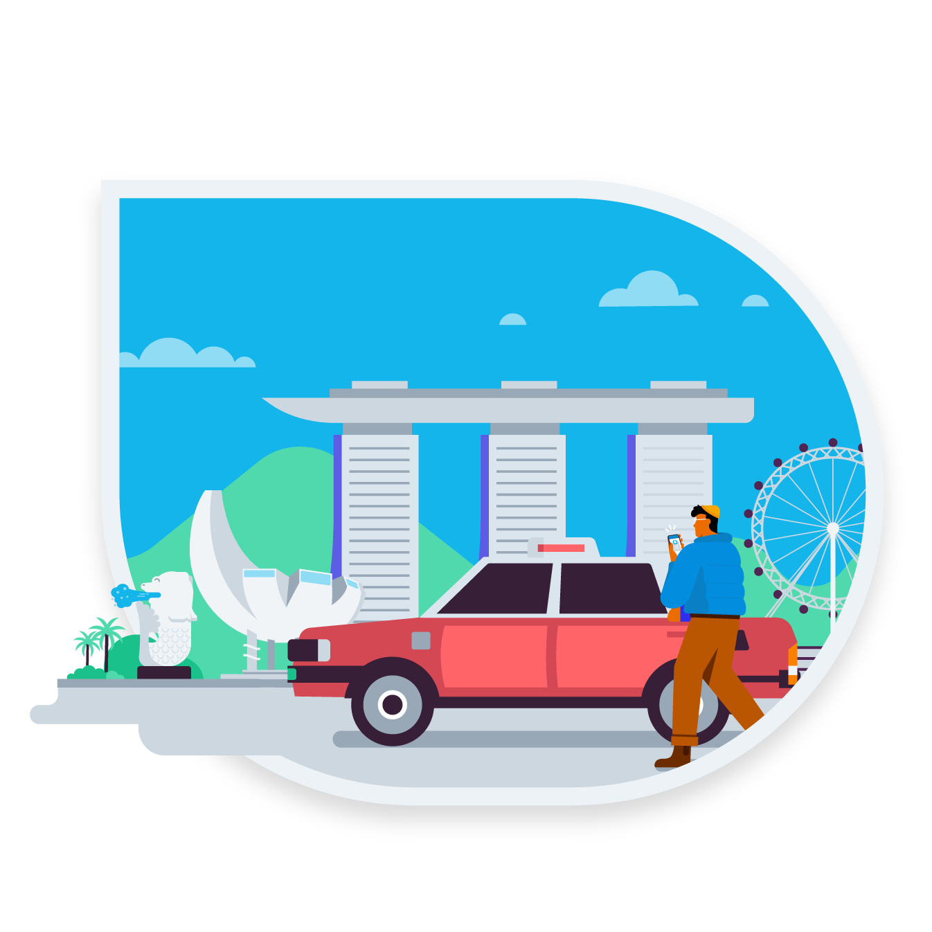 Illustration of person walking on the streets of Singapore