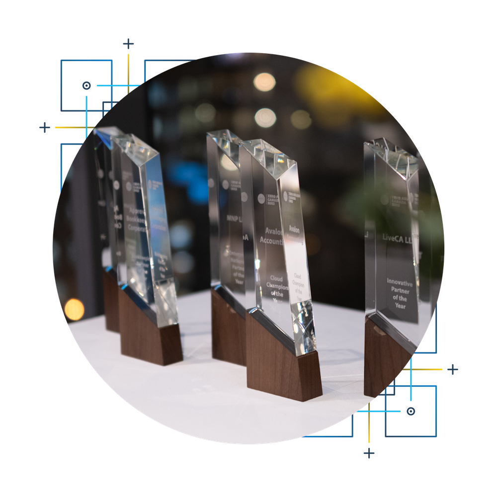 Trophies representing some of the Xero Awards categories.