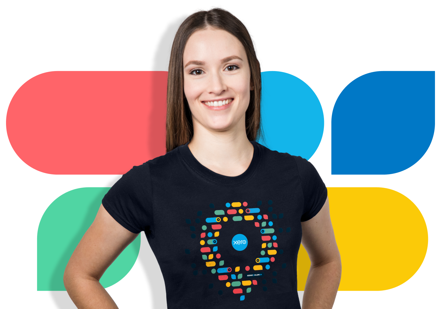 The Xerocon t-shirt in black with a multi-coloured teardrop pattern and the Xero logo on the front