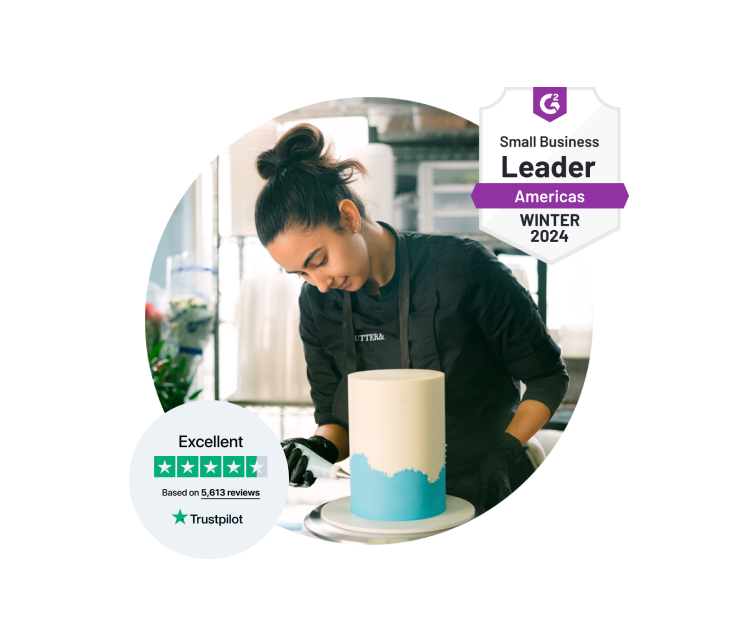 A Xero user decorating a cake with blue icing. Social proof badges surrounding the circular image.