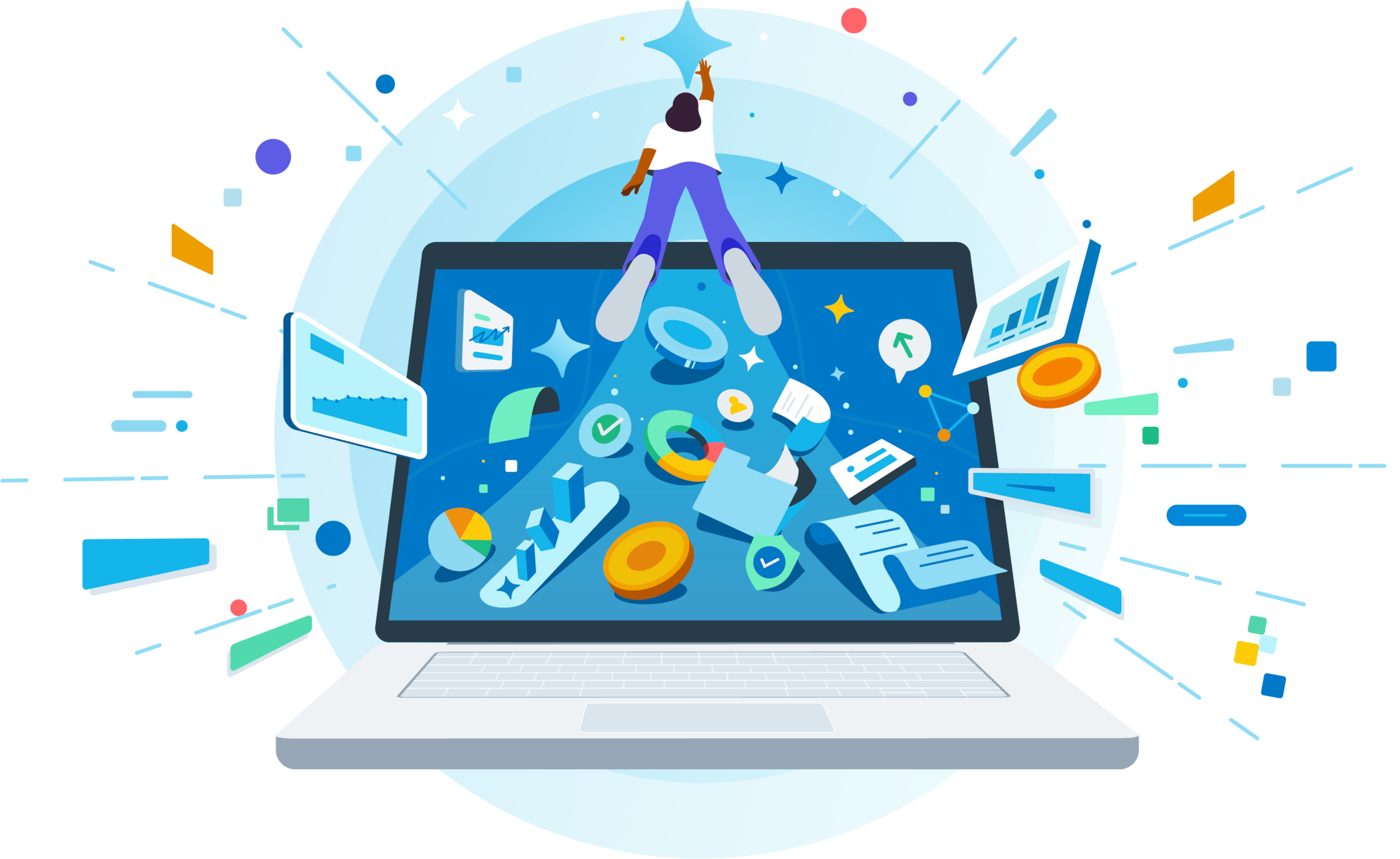 A cartoon woman flying over a computer.