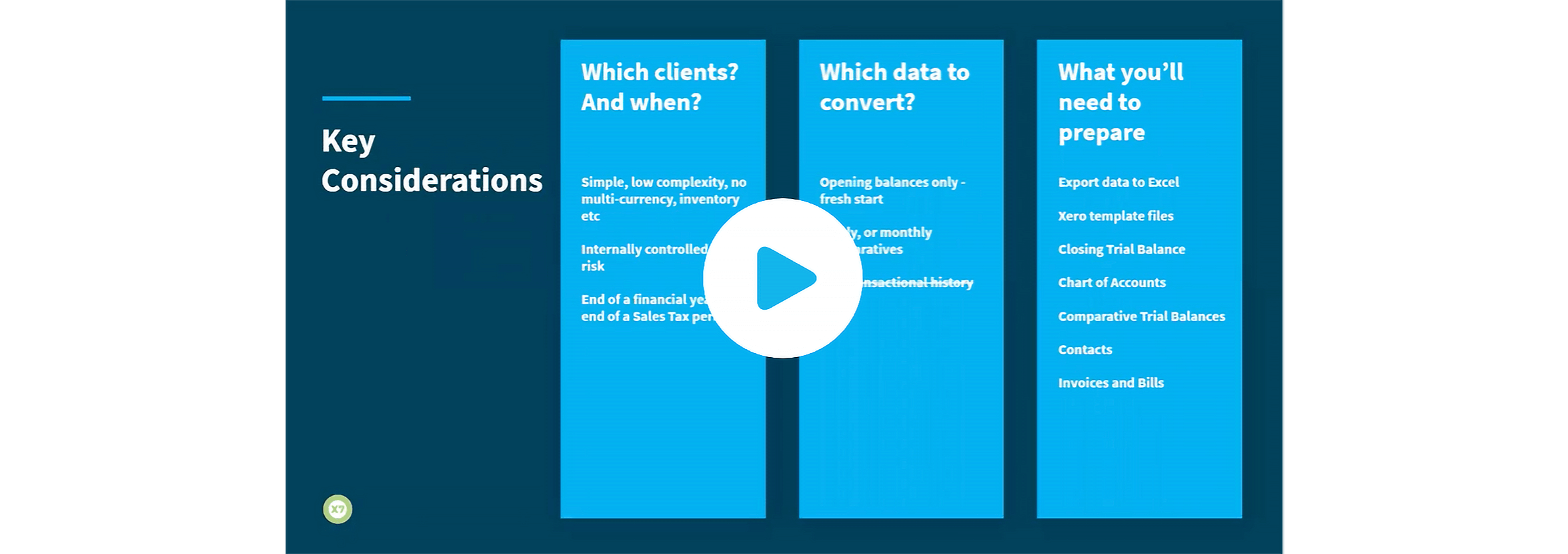 A slide from the webinar, Convert your clients to Xero, lists the key things to consider.
