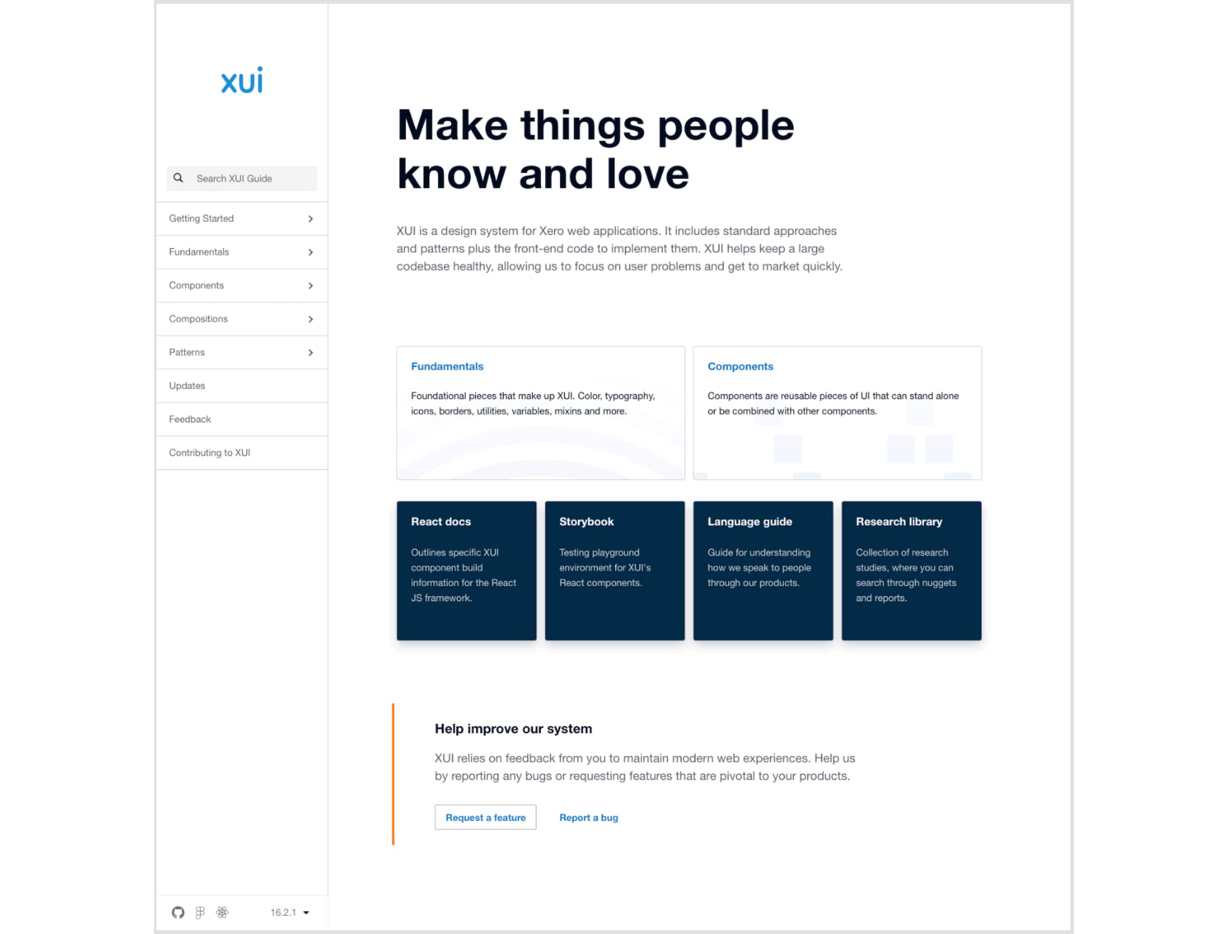 The home page of the Xero User Interface Guide, the documentation website for Xero’s internal design system.