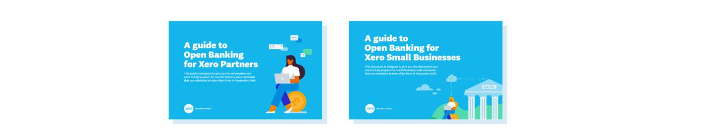 The illustrated front pages of two guides about 'open banking for Xero partners' and 'open banking for small businesses'