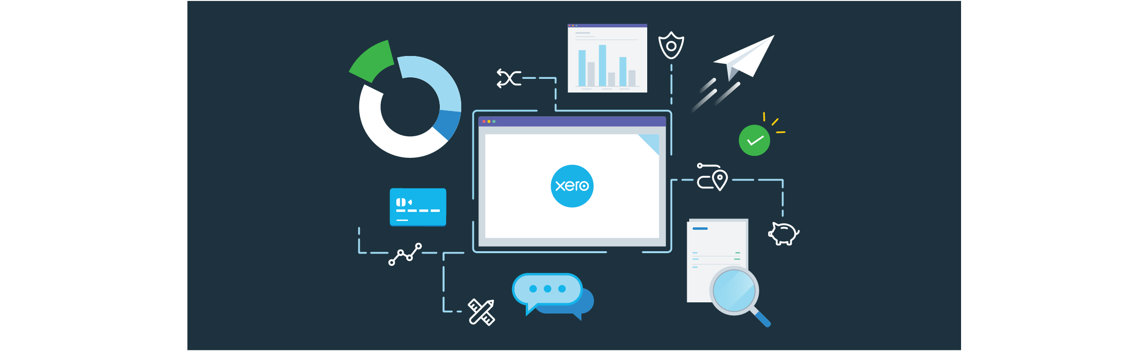 Illustration of Xero on a computer screen, with charts and icons swirling around