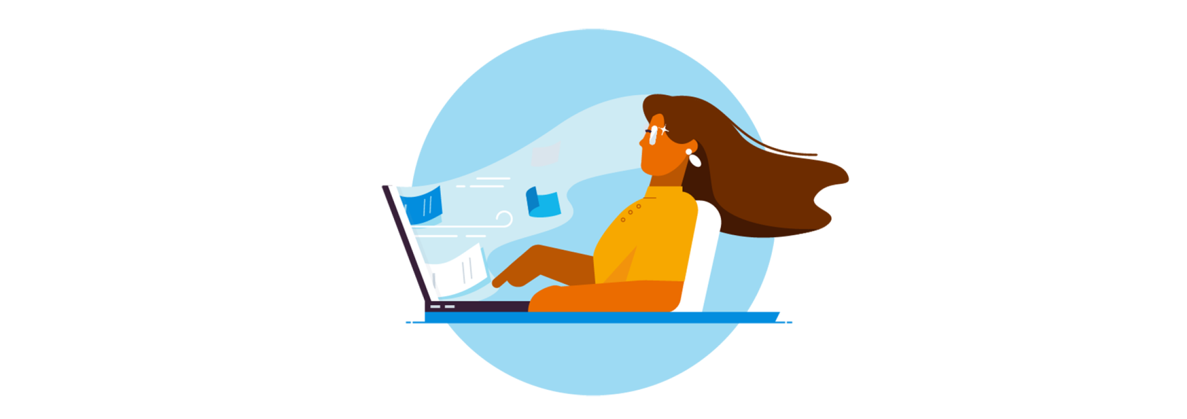 An illustrated Xero customer on their laptop as pieces of paper fly out of the screen and their hair blows back. 