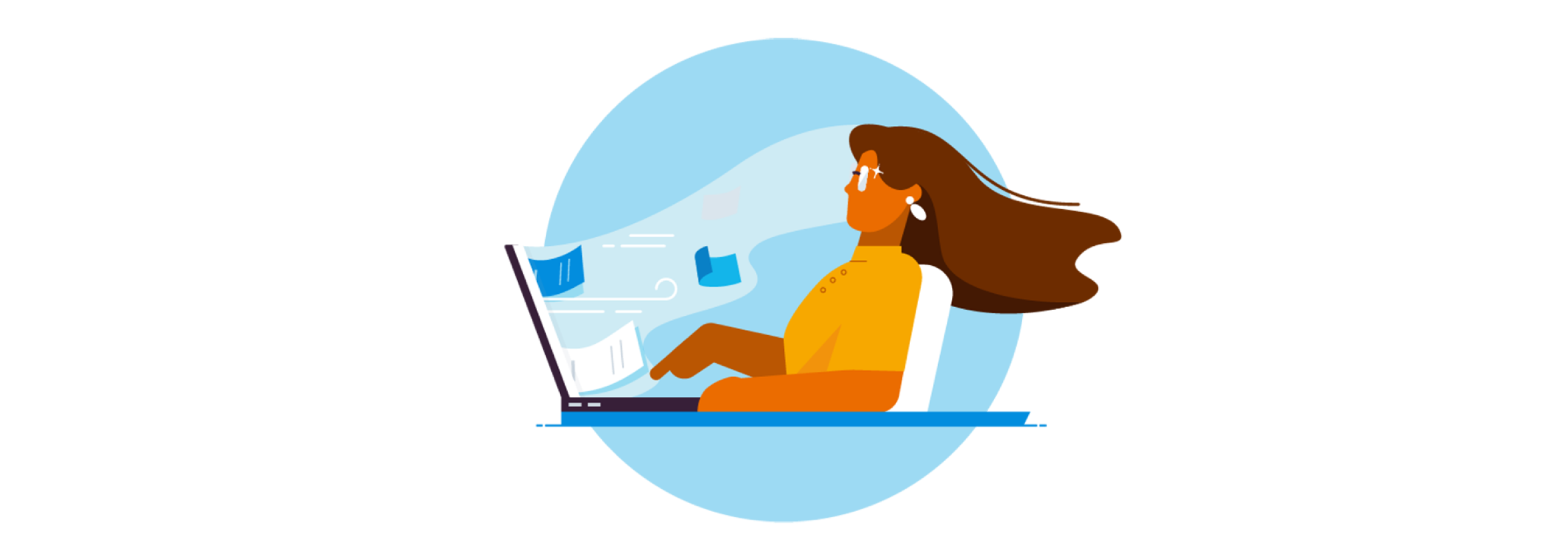 An illustrated Xero customer on their laptop as pieces of paper fly out of the screen and their hair blows back.