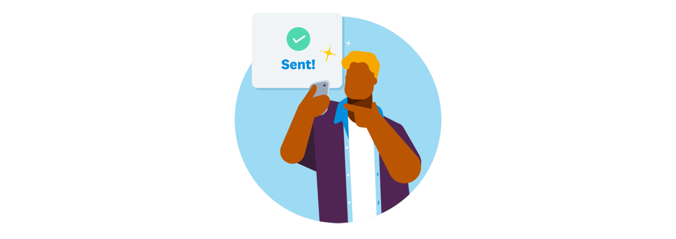 An illustrated Xero client holding their mobile device with a tick ‘sent’ symbol beside it.