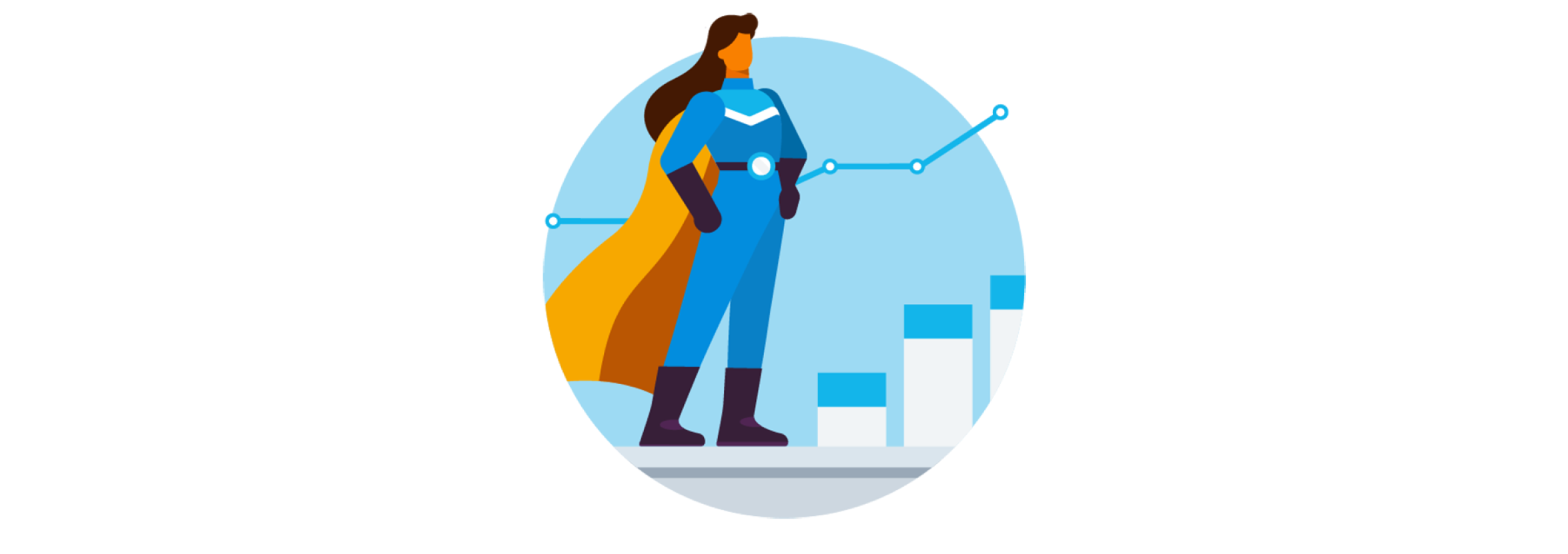 An illustrated person dressed as a superhero standing in front of a bar and line graph.
