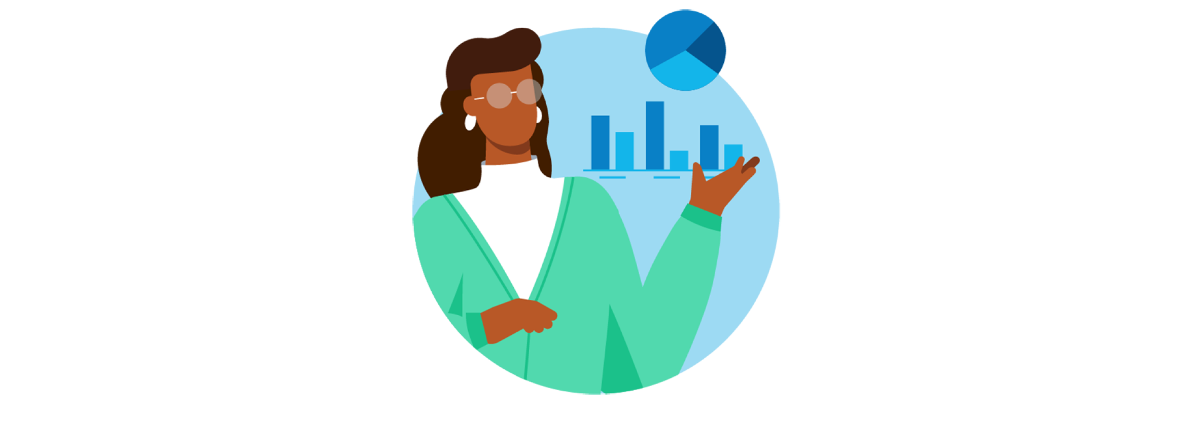 An illustrated business owner standing in front of bar graphs and a pie chart.