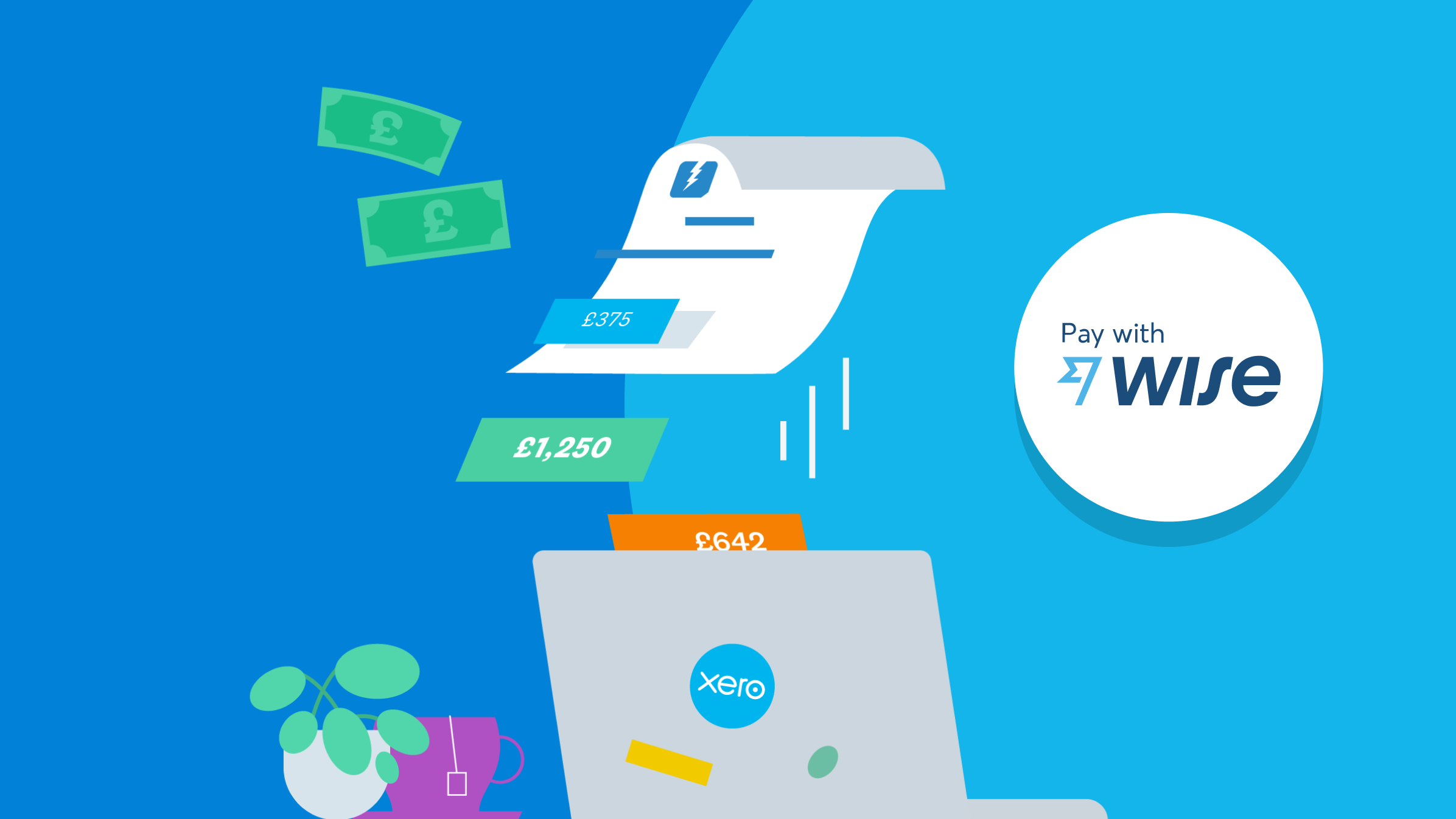 An illustrated laptop with pound notes and a report rising above it and the Pay with Wise logo on display.