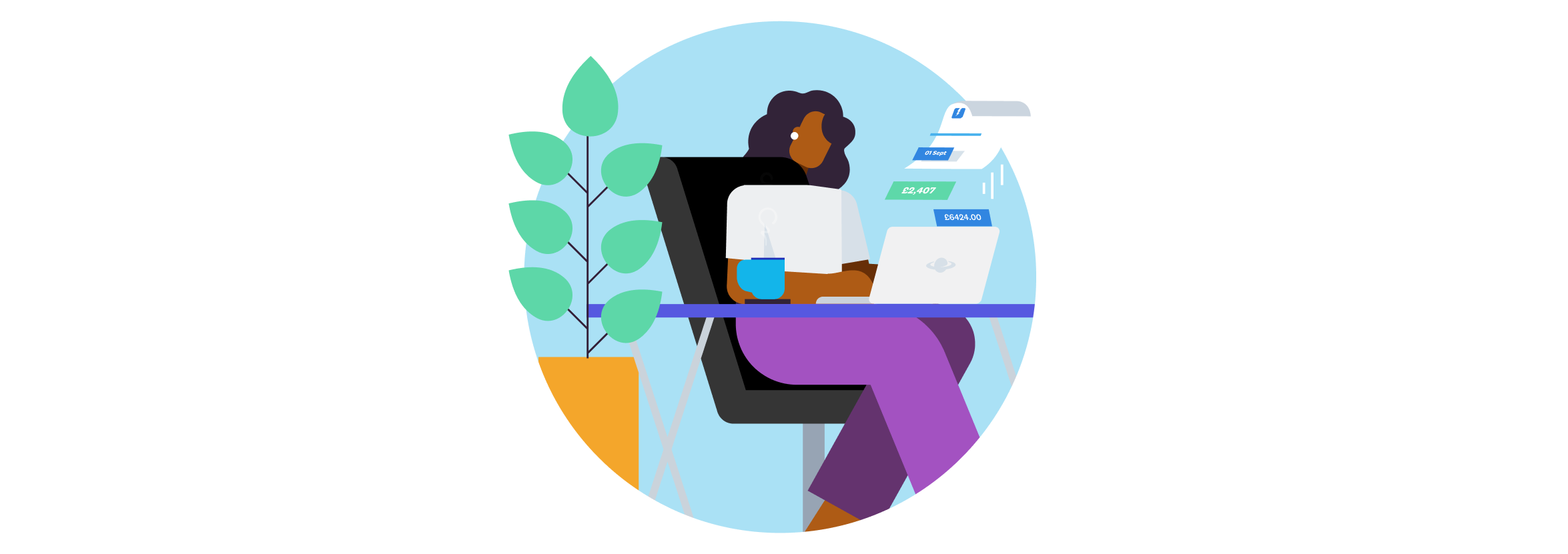 An illustrated accountant sitting at a desk on their laptop with pound notes and a report rising above it.