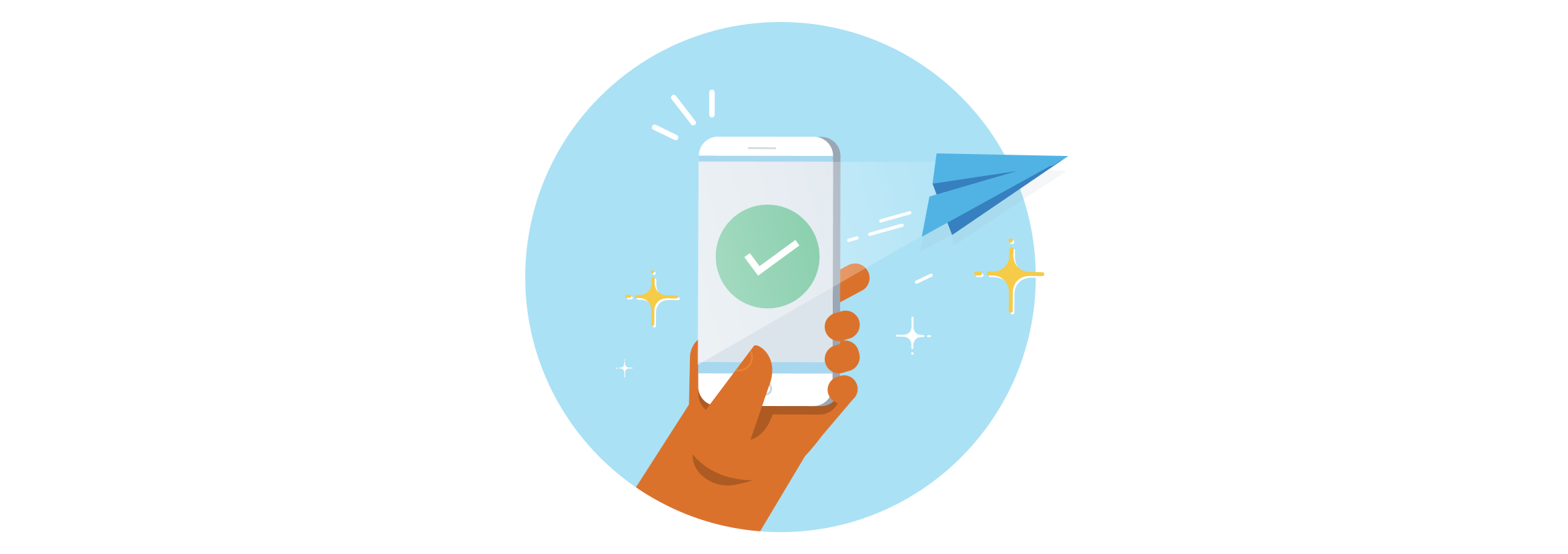 An illustrated mobile device with a green tick on the screen, and a blue paper plane flying away from it.