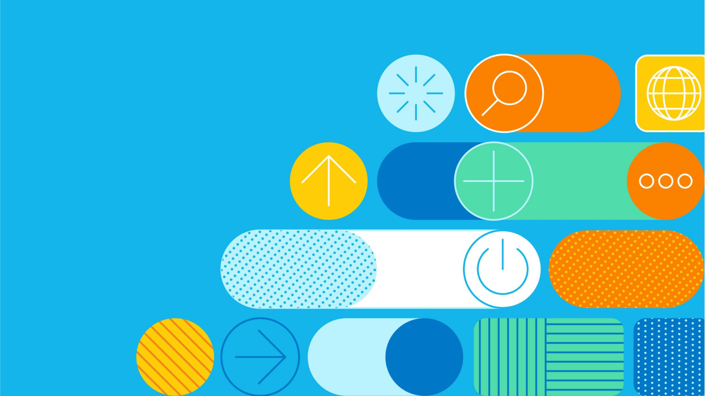 Colourful circles and shape against a blue background.