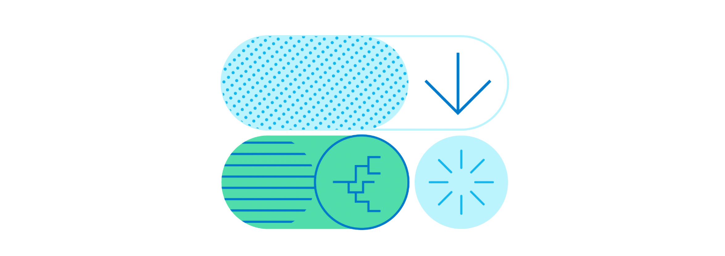 Blue and green patterns and symbols against a white background.