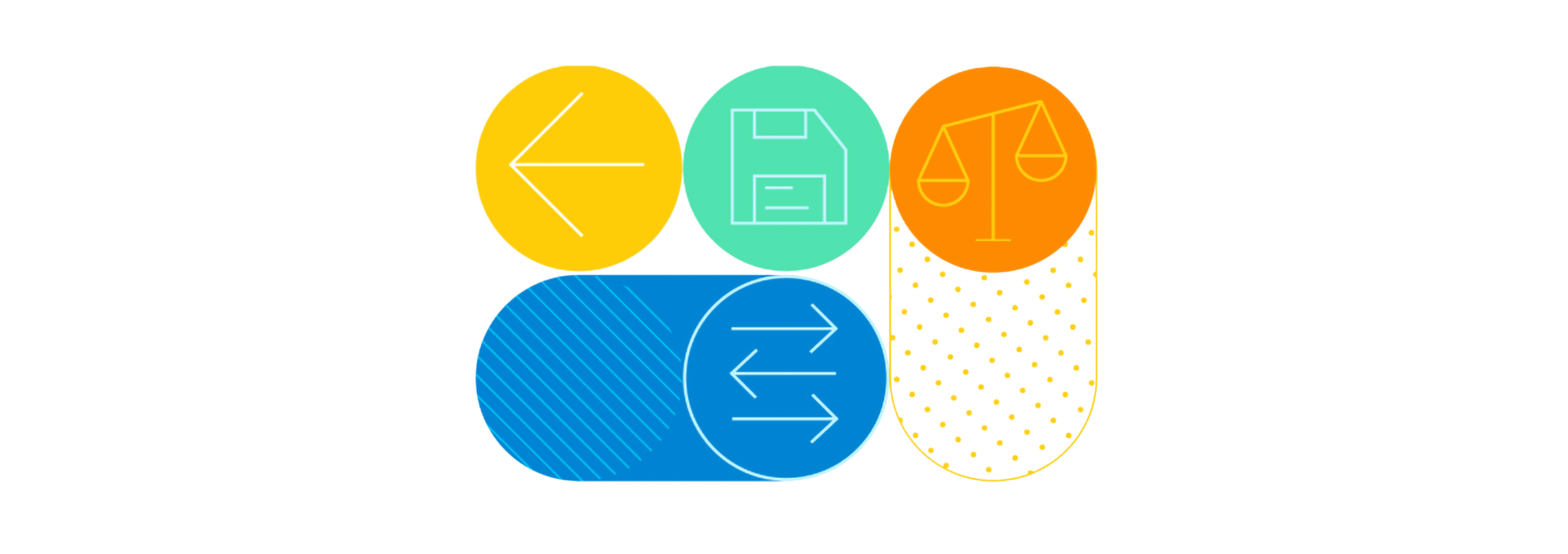 Yellow, green, orange and blue patterns and symbols against a white background.